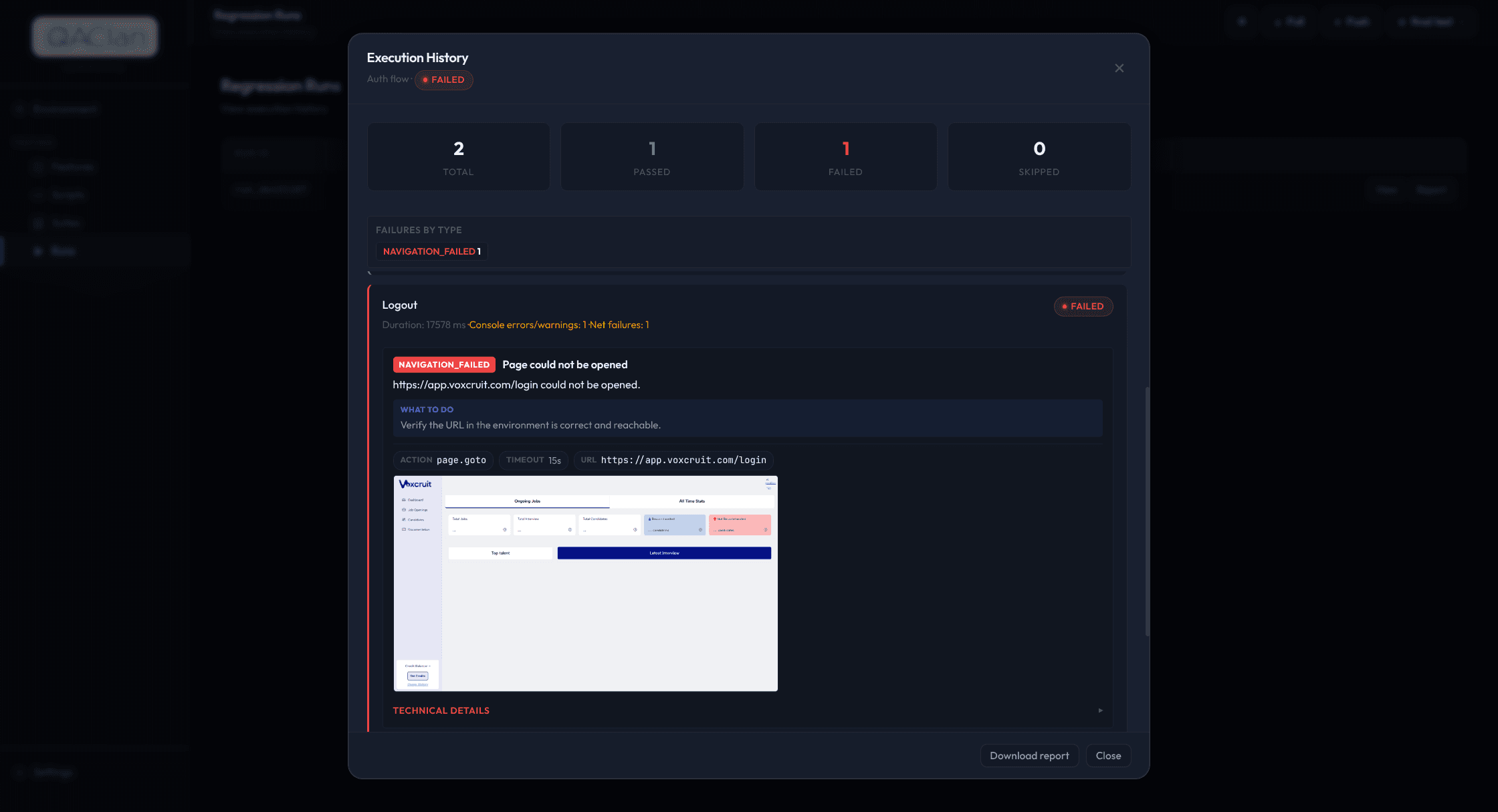 QAClan run report showing a failed test with the exact step that broke and why
