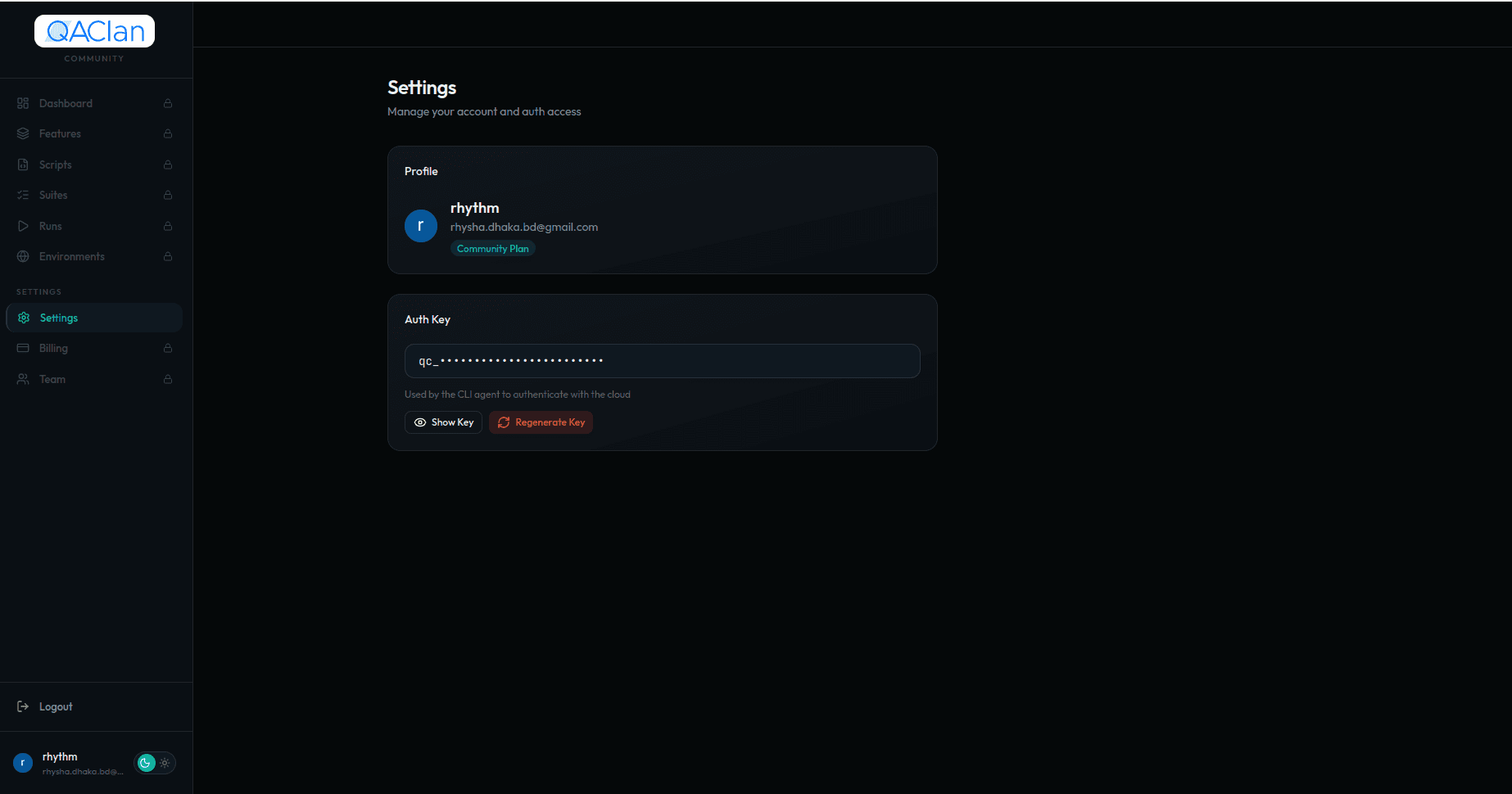 QAClan Settings page showing the Auth Key section