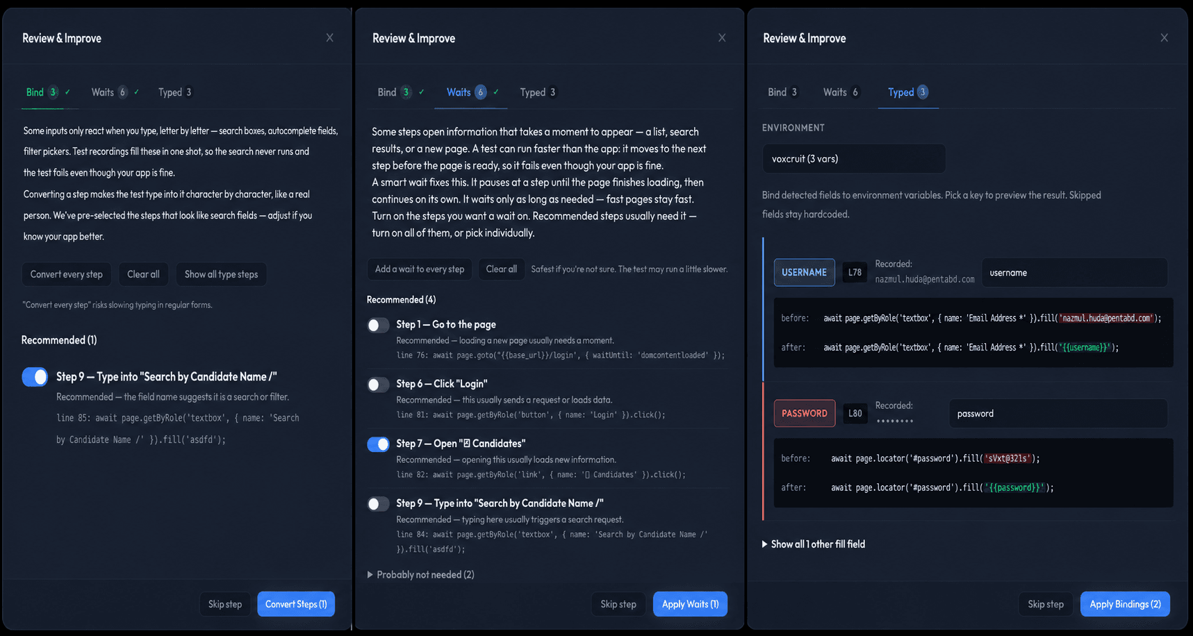 QAClan Review & Improve panel — bind variables, add smart waits, and convert typed inputs from the UI