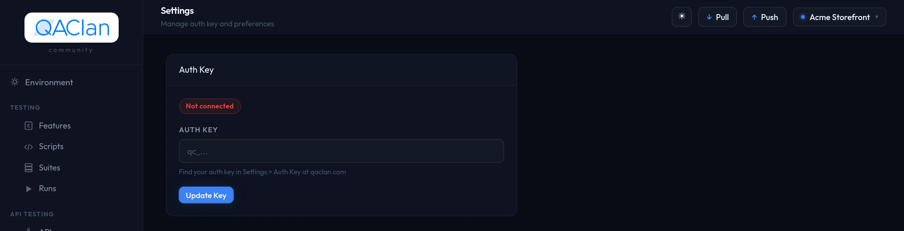 The agent Settings page showing the Auth Key card in its disconnected state, with the key field and the Update Key button.