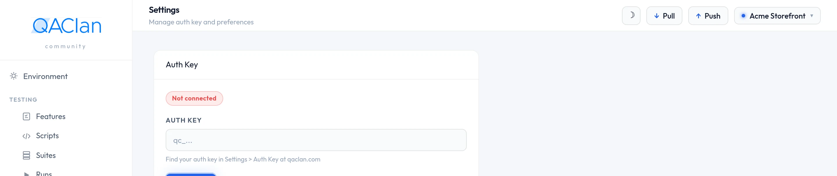 The agent Settings page showing the Auth Key card in its disconnected state, with the key field and the Update Key button.