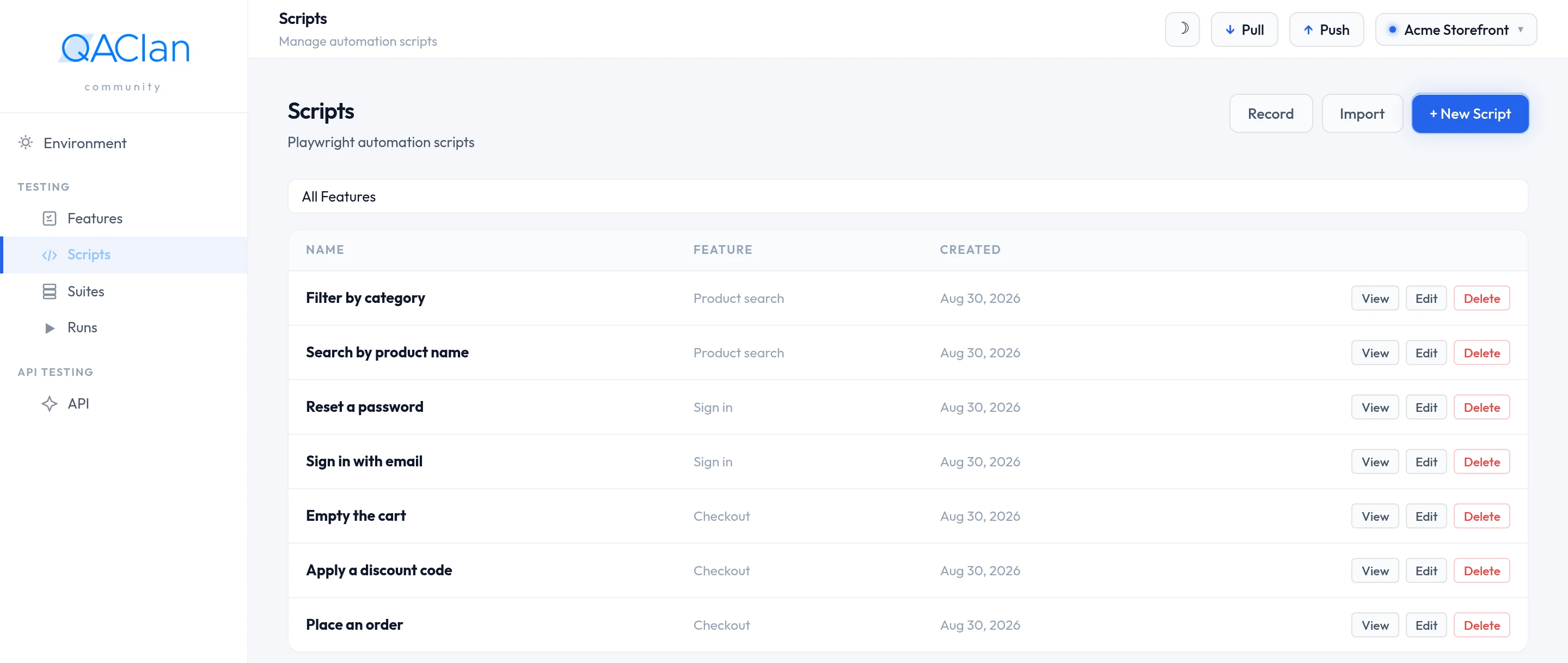 The QAClan app: the sidebar on the left, the top bar with project switcher, and the Scripts page listing recorded tests.
