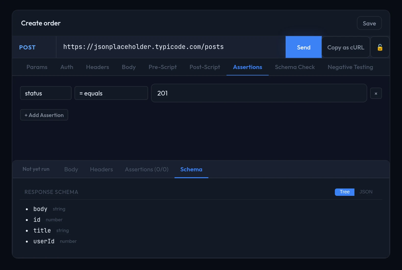 The Assertions tab, listing assertion rows built from a type, an operator and an expected value.