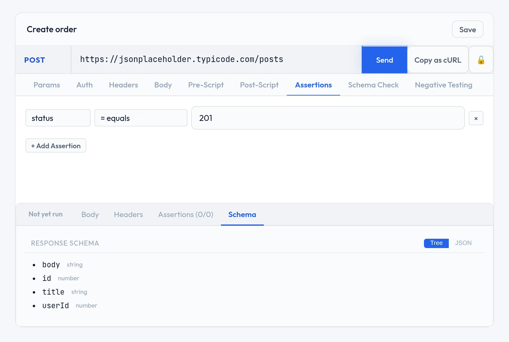 The Assertions tab, listing assertion rows built from a type, an operator and an expected value.