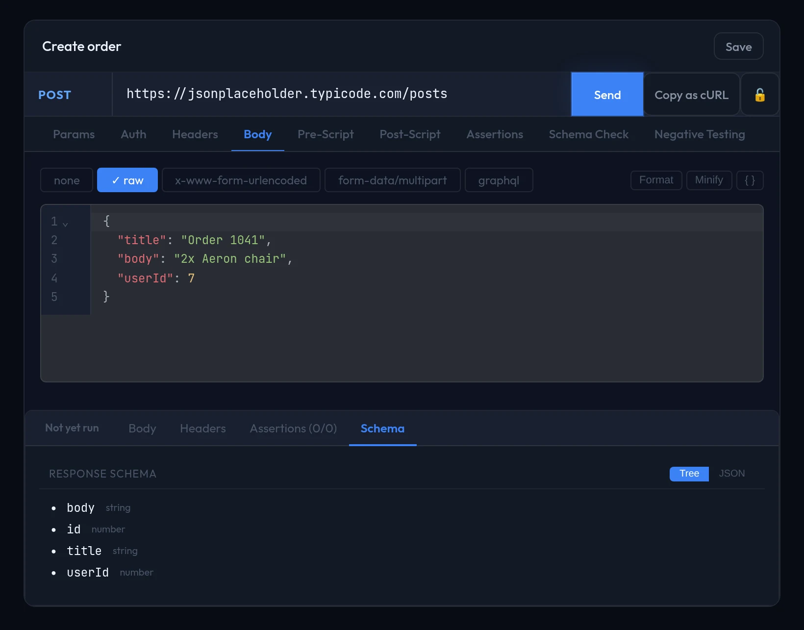 The Body tab holding a JSON payload, with the response panel below it.