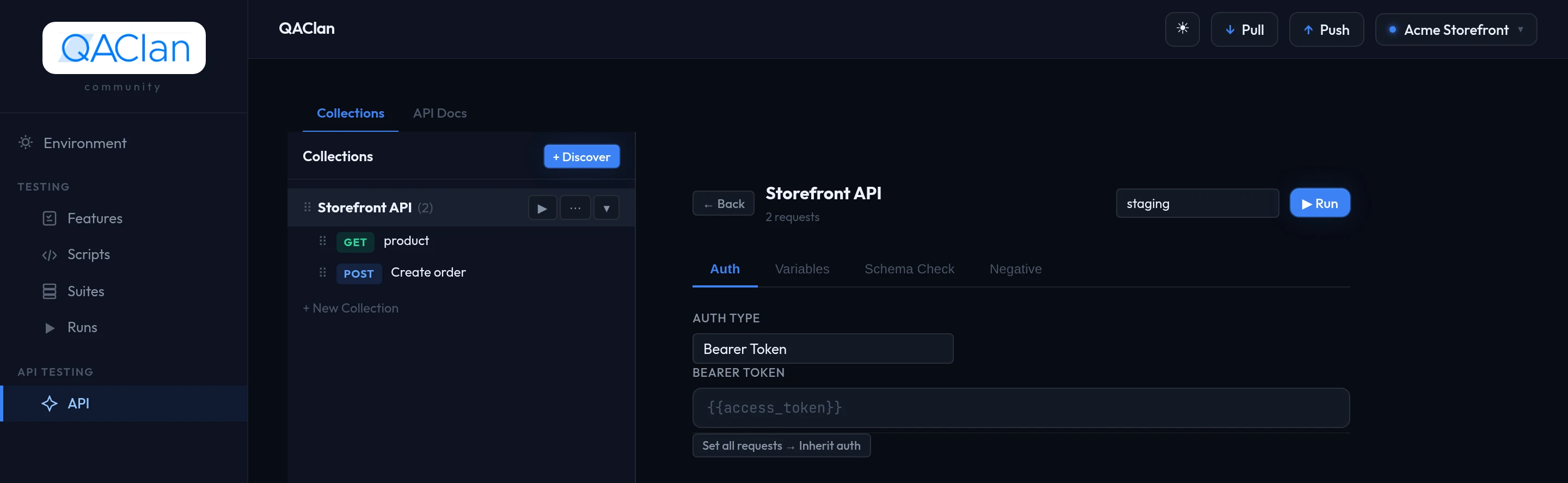 The API section: collections and their requests listed on the left, with the collection open on the right.