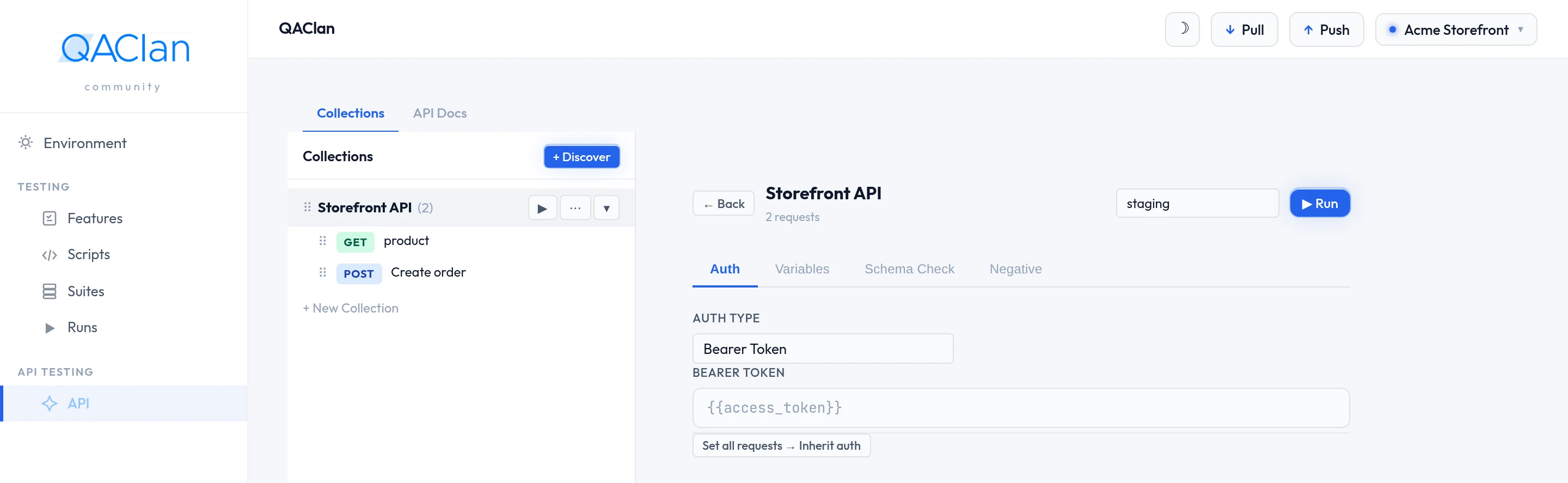 The API section: collections and their requests listed on the left, with the collection open on the right.