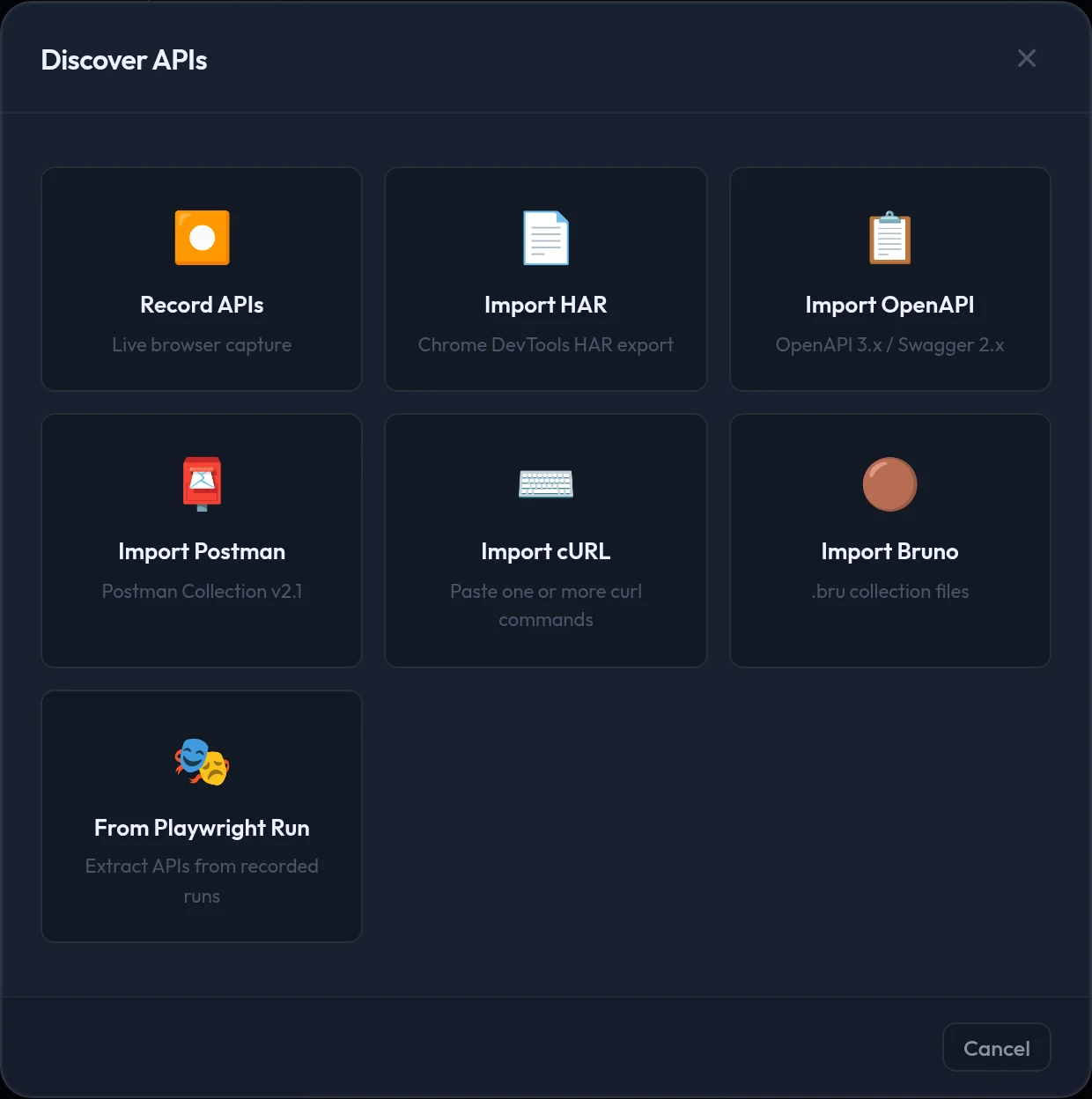 The Discover APIs dialog with cards for Record APIs, Import HAR, Import OpenAPI, Import Postman, Import cURL, Import Bruno and From Playwright Run.