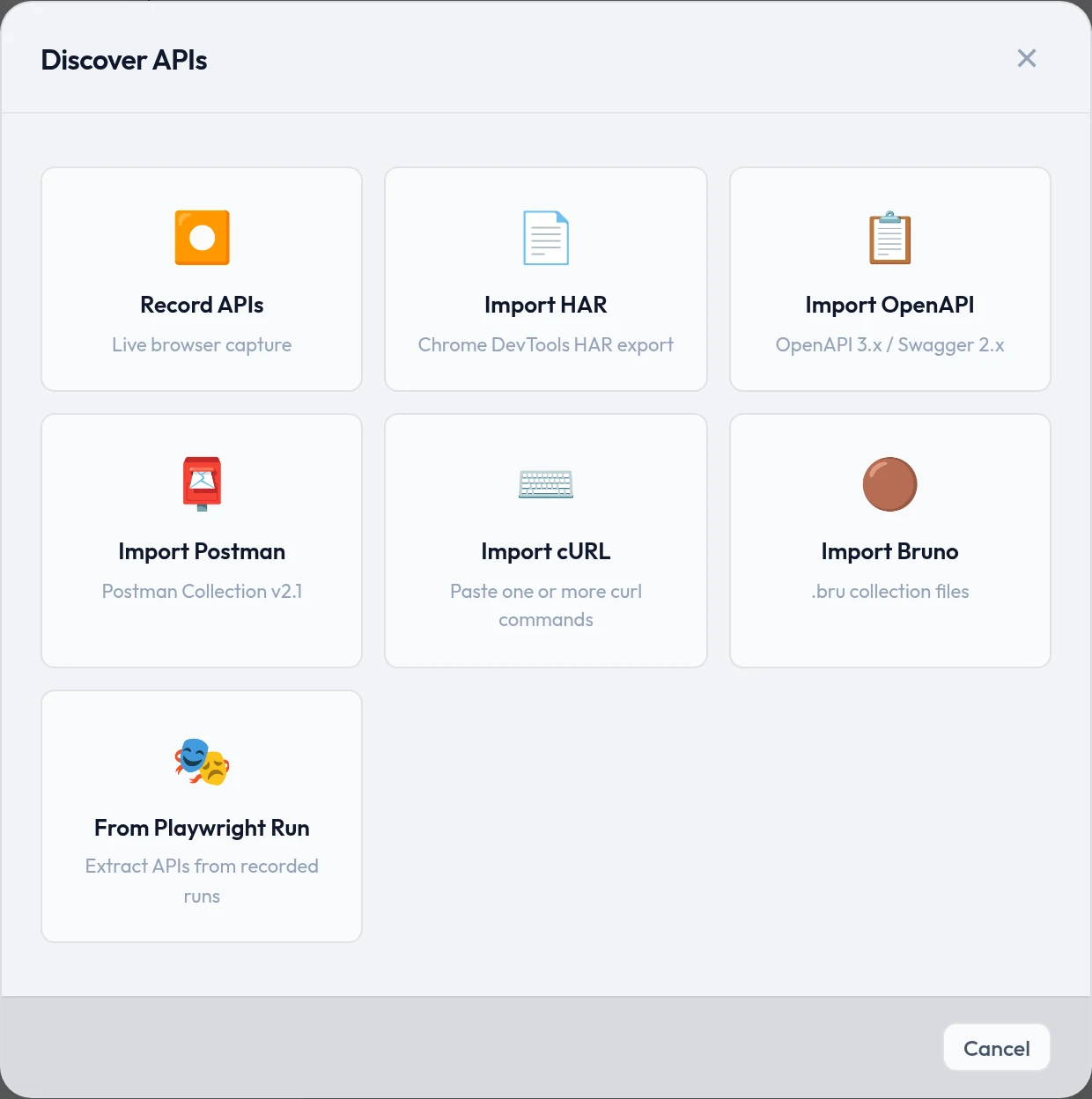 The Discover APIs dialog with cards for Record APIs, Import HAR, Import OpenAPI, Import Postman, Import cURL, Import Bruno and From Playwright Run.