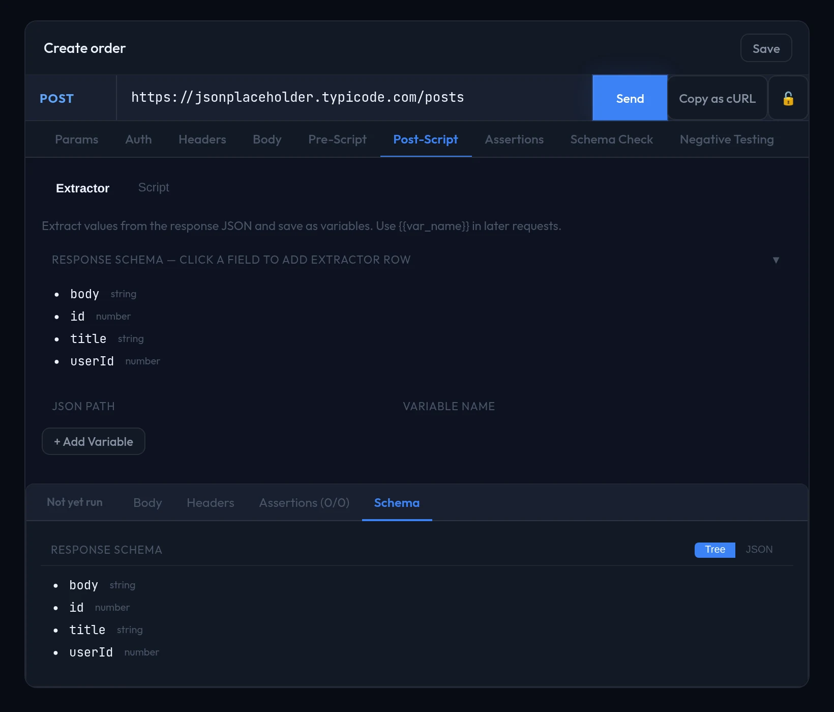 The Post-Script tab with its Extractor and Script sub-tabs. The extractor lists the response schema and offers a JSON path and variable name for each field.