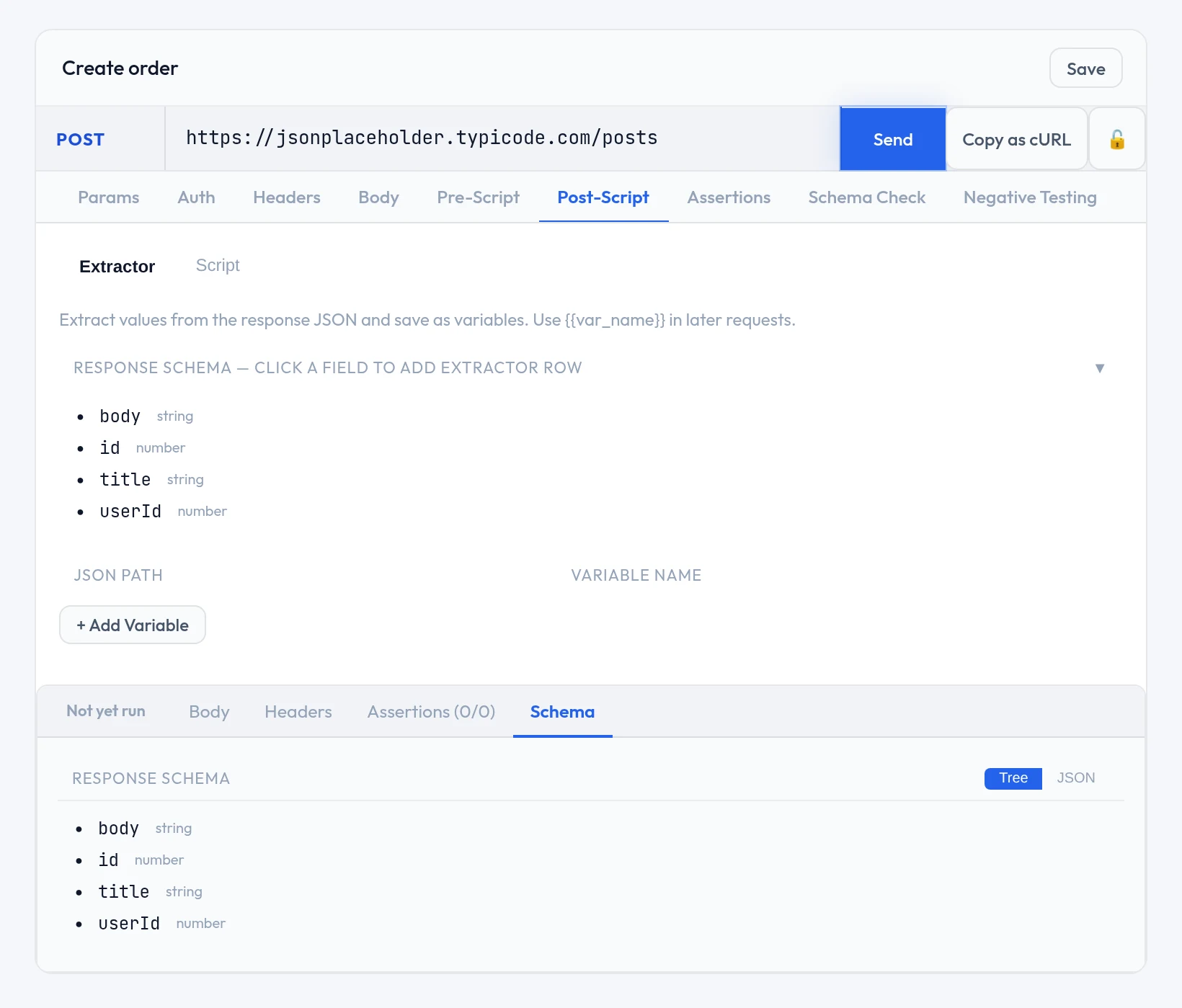 The Post-Script tab with its Extractor and Script sub-tabs. The extractor lists the response schema and offers a JSON path and variable name for each field.