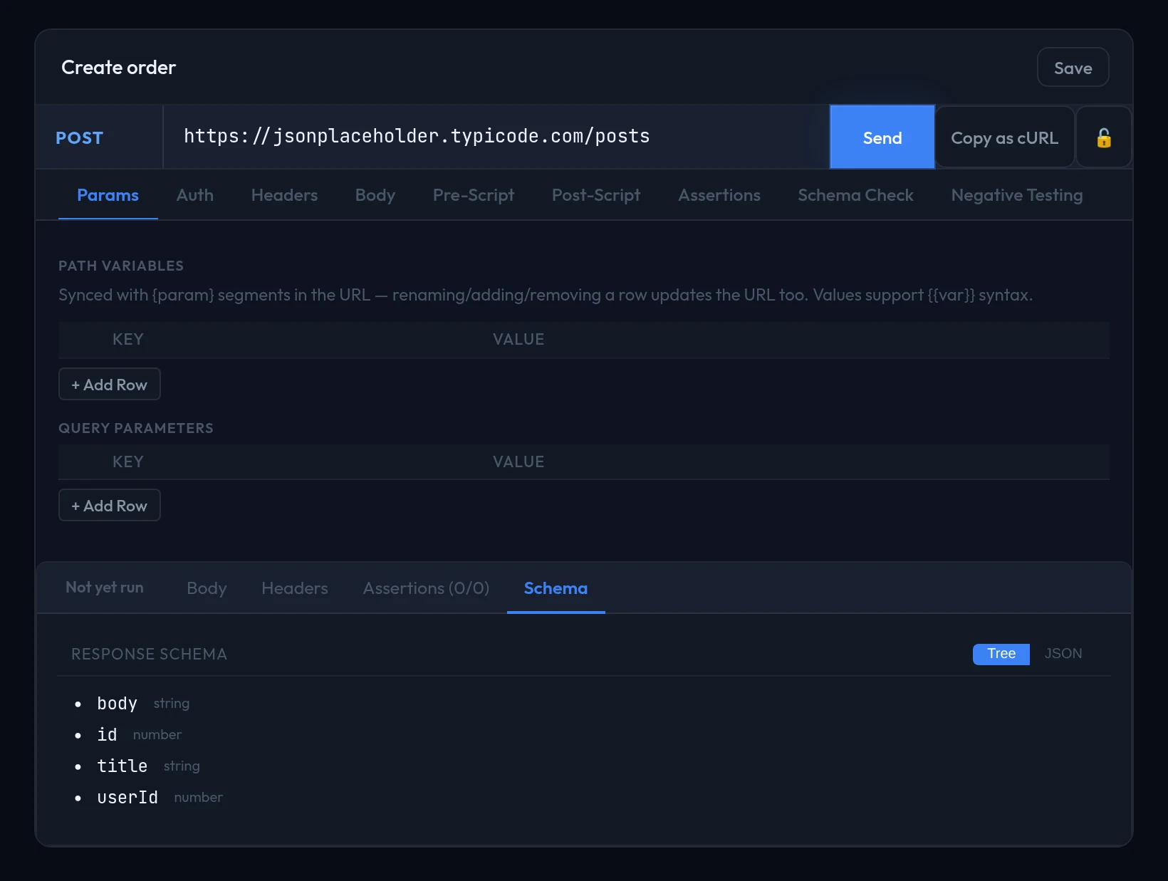The request editor: POST method, URL bar, Send and Copy as cURL, and the Params, Auth, Headers, Body, Pre-Script, Post-Script, Assertions, Schema Check and Negative Testing tabs.