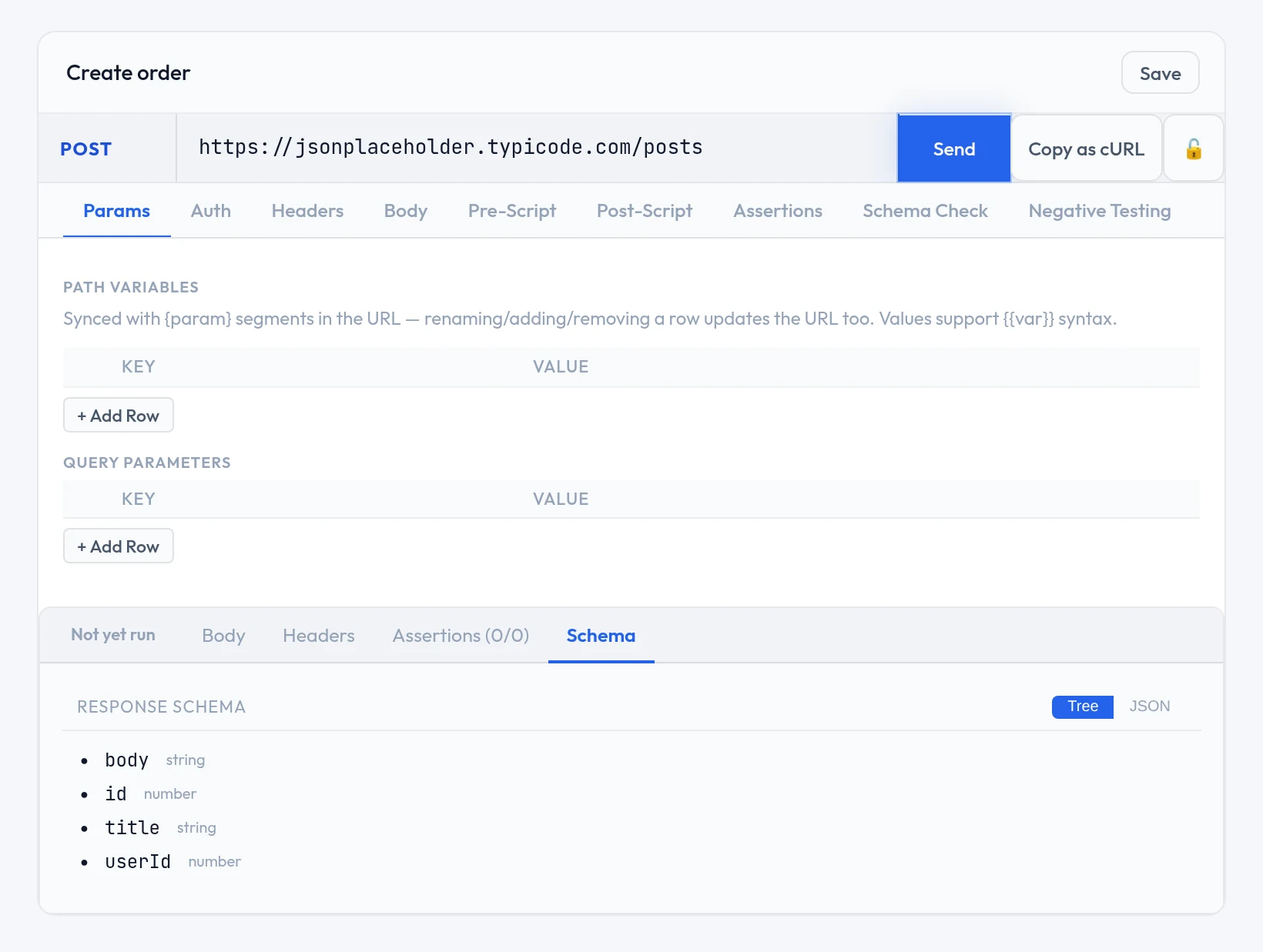 The request editor: POST method, URL bar, Send and Copy as cURL, and the Params, Auth, Headers, Body, Pre-Script, Post-Script, Assertions, Schema Check and Negative Testing tabs.