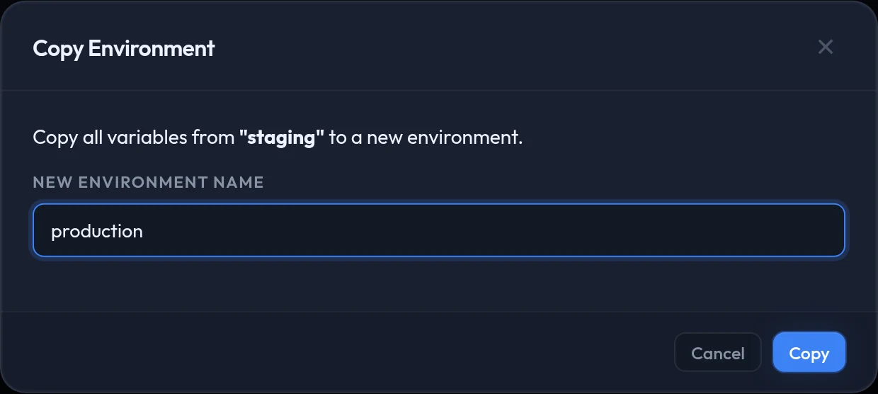The Copy Environment dialog, naming the environment being copied and asking for a name for the new one.