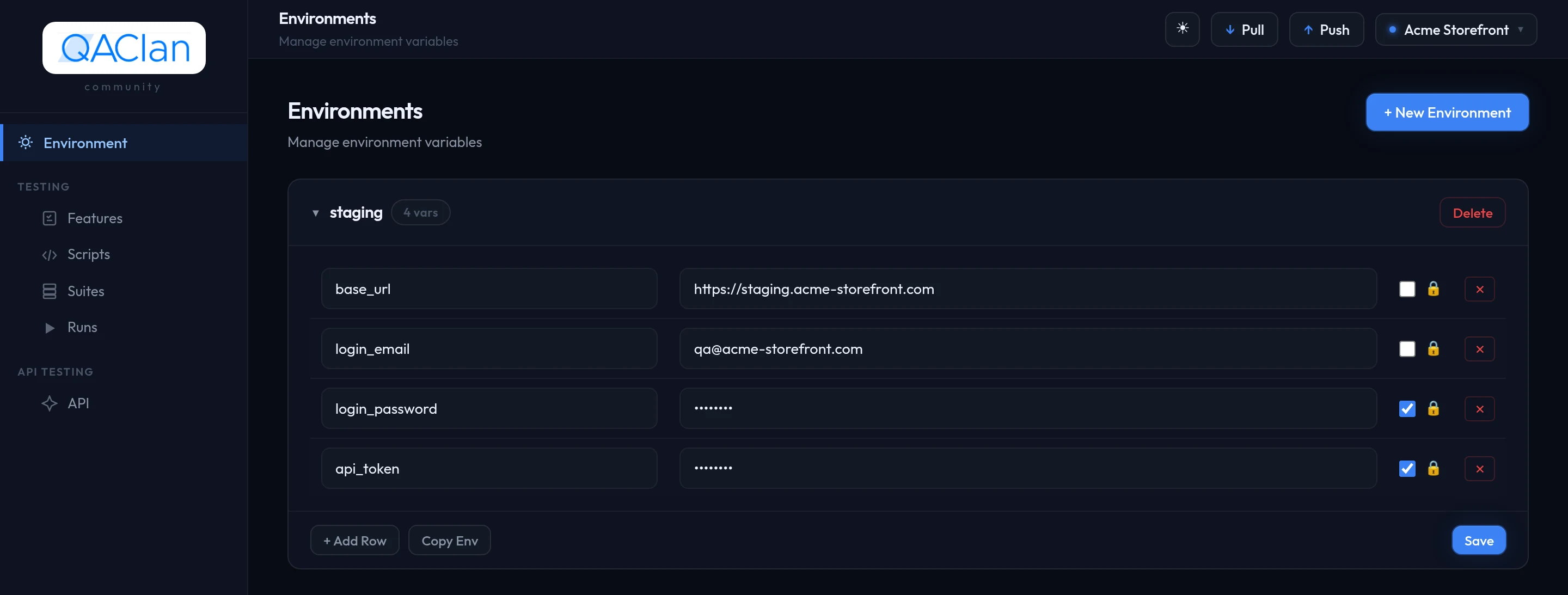 An expanded environment card with base_url, login_email, login_password and api_token rows, the two secrets masked.
