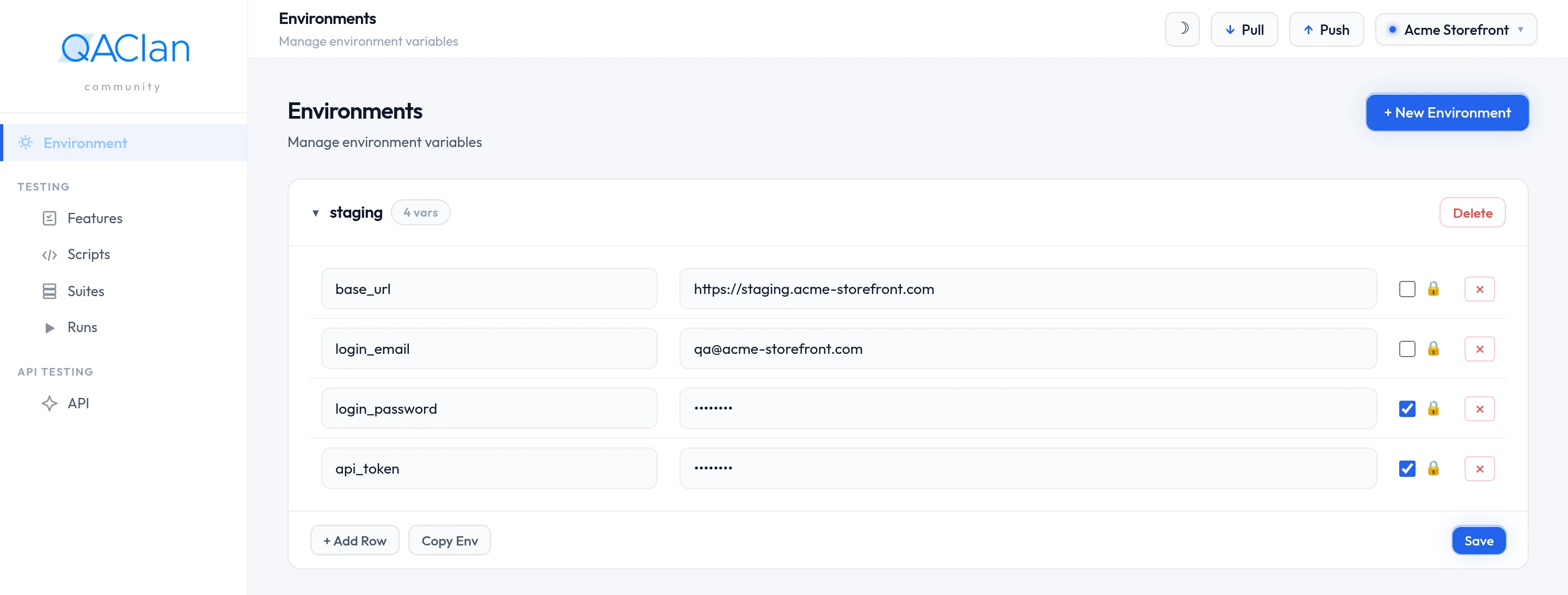An expanded environment card with base_url, login_email, login_password and api_token rows, the two secrets masked.