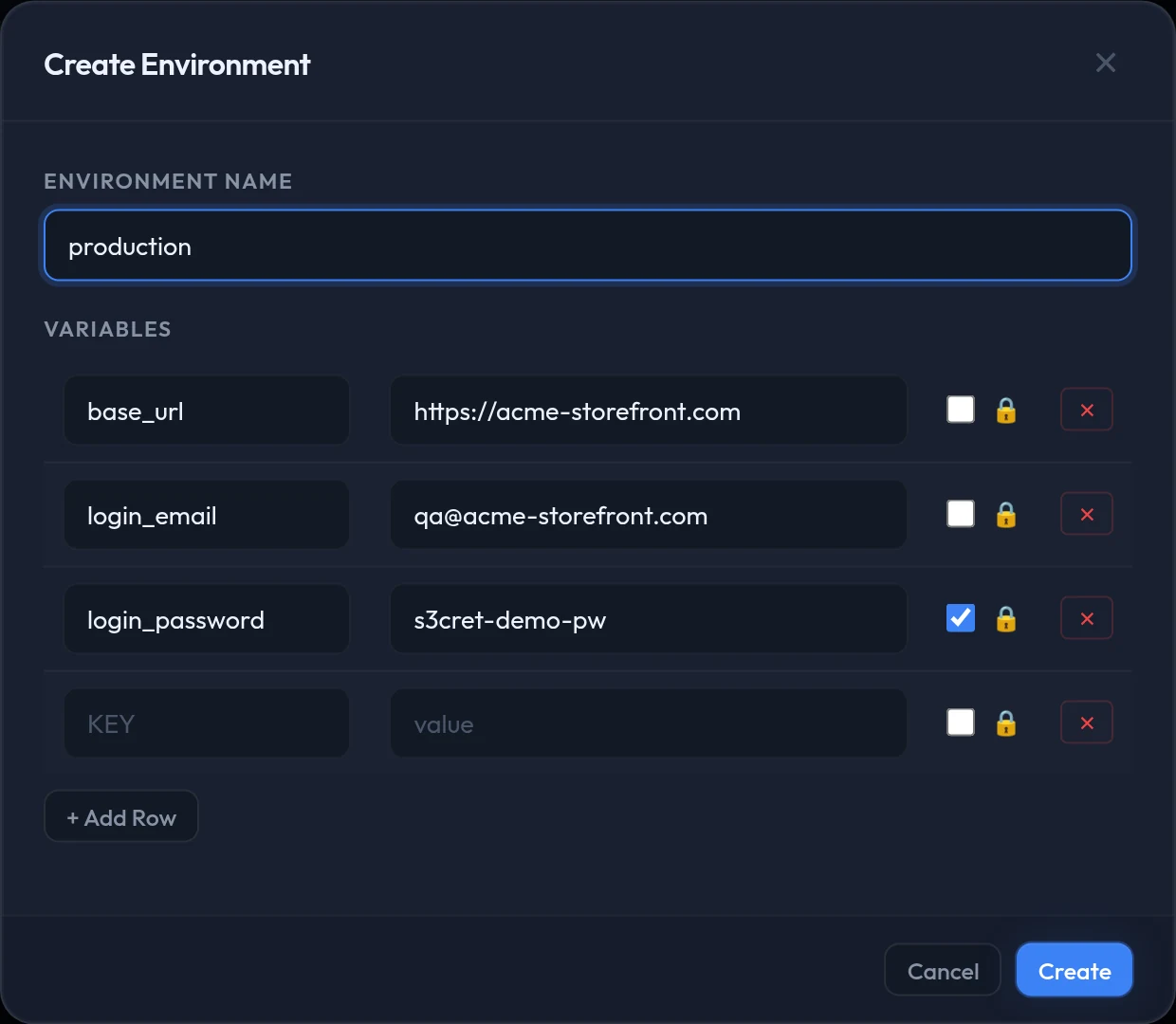 The Create Environment dialog: a name field, three key and value rows, and a ticked padlock on the password row.