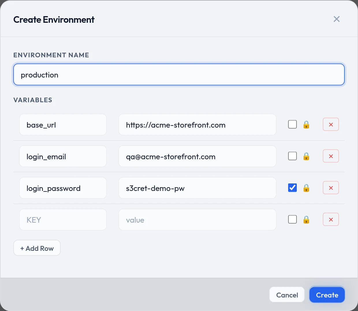 The Create Environment dialog: a name field, three key and value rows, and a ticked padlock on the password row.