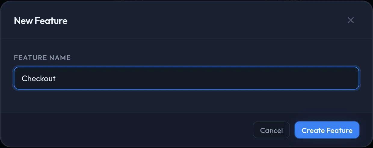 The New Feature dialog, holding a single Feature Name field.
