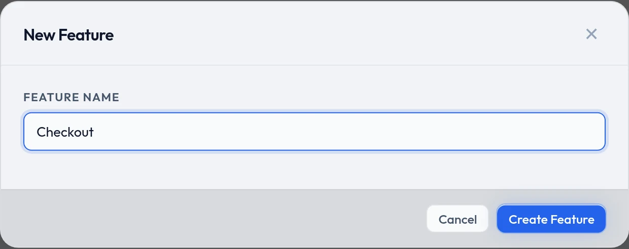 The New Feature dialog, holding a single Feature Name field.