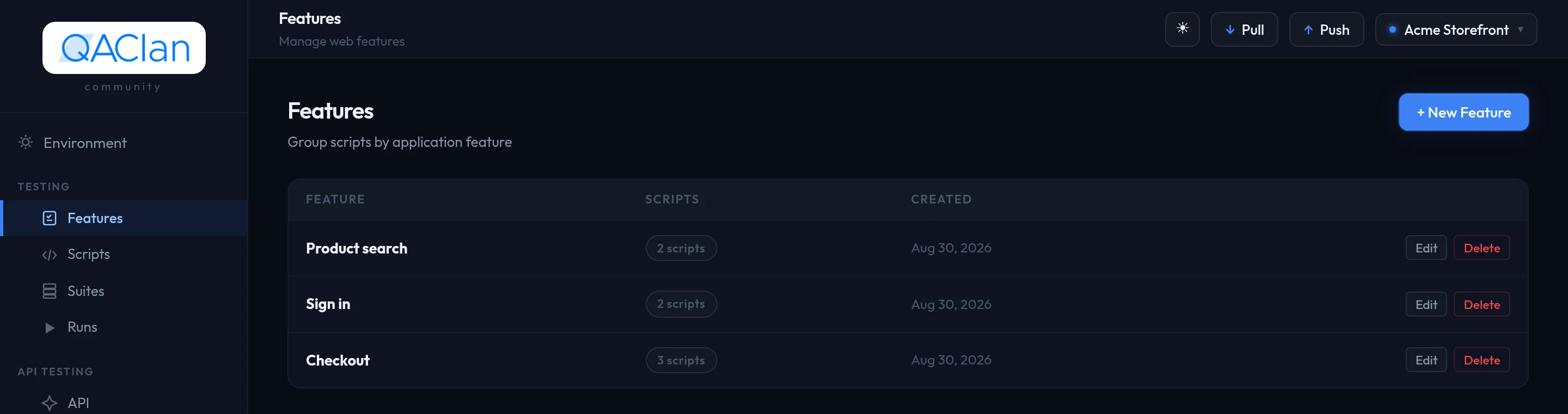 The Features page listing features with the number of scripts in each.