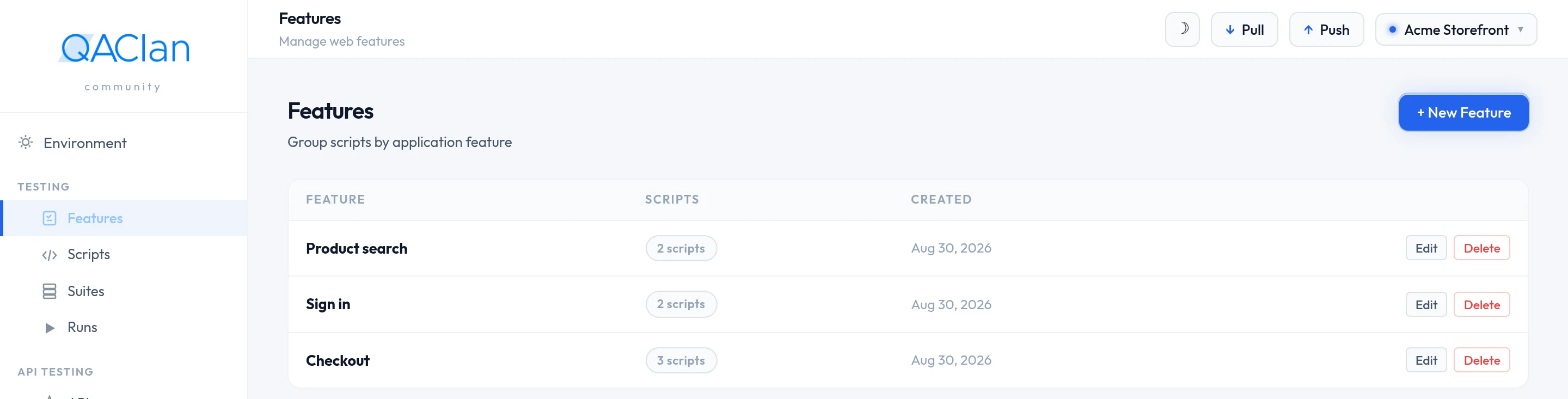 The Features page listing features with the number of scripts in each.