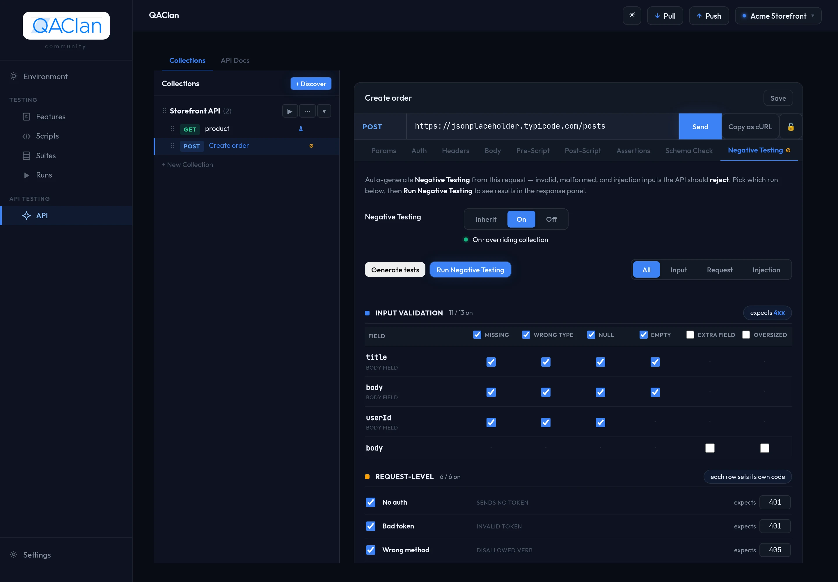 The Negative Testing tab: the Inherit, On and Off setting, Generate tests and Run Negative Testing buttons, and the generated case matrix grouped by category.