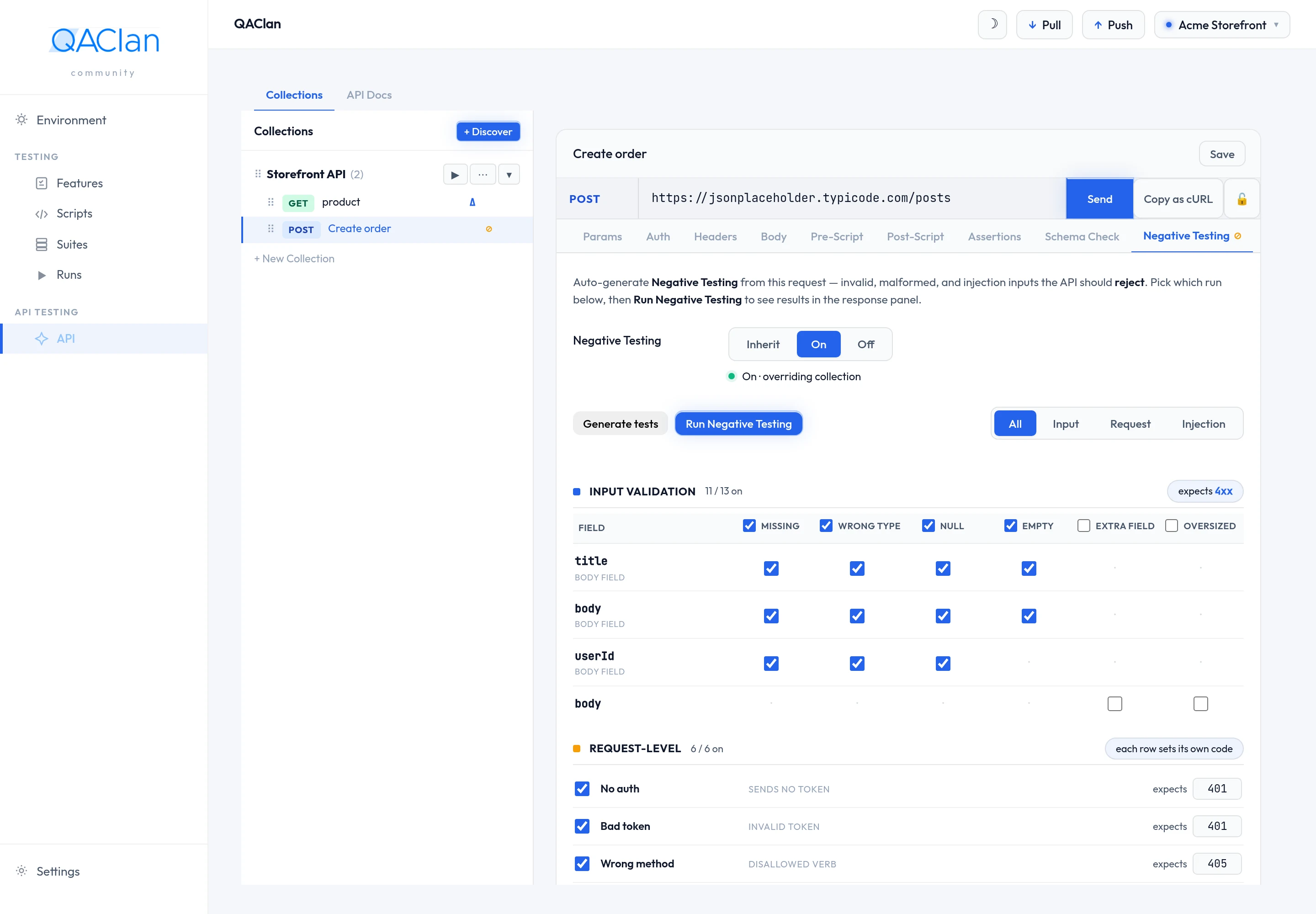 The Negative Testing tab: the Inherit, On and Off setting, Generate tests and Run Negative Testing buttons, and the generated case matrix grouped by category.