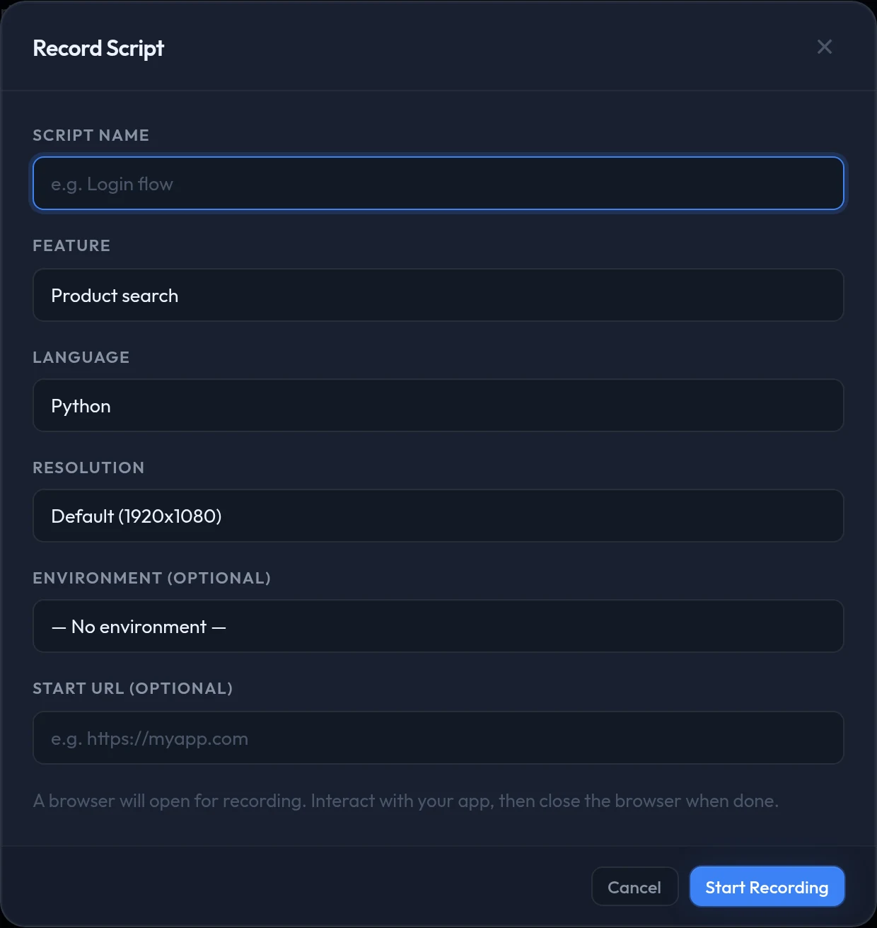 The Record Script dialog: script name, feature, language, resolution, environment, start URL, and a Start Recording button.