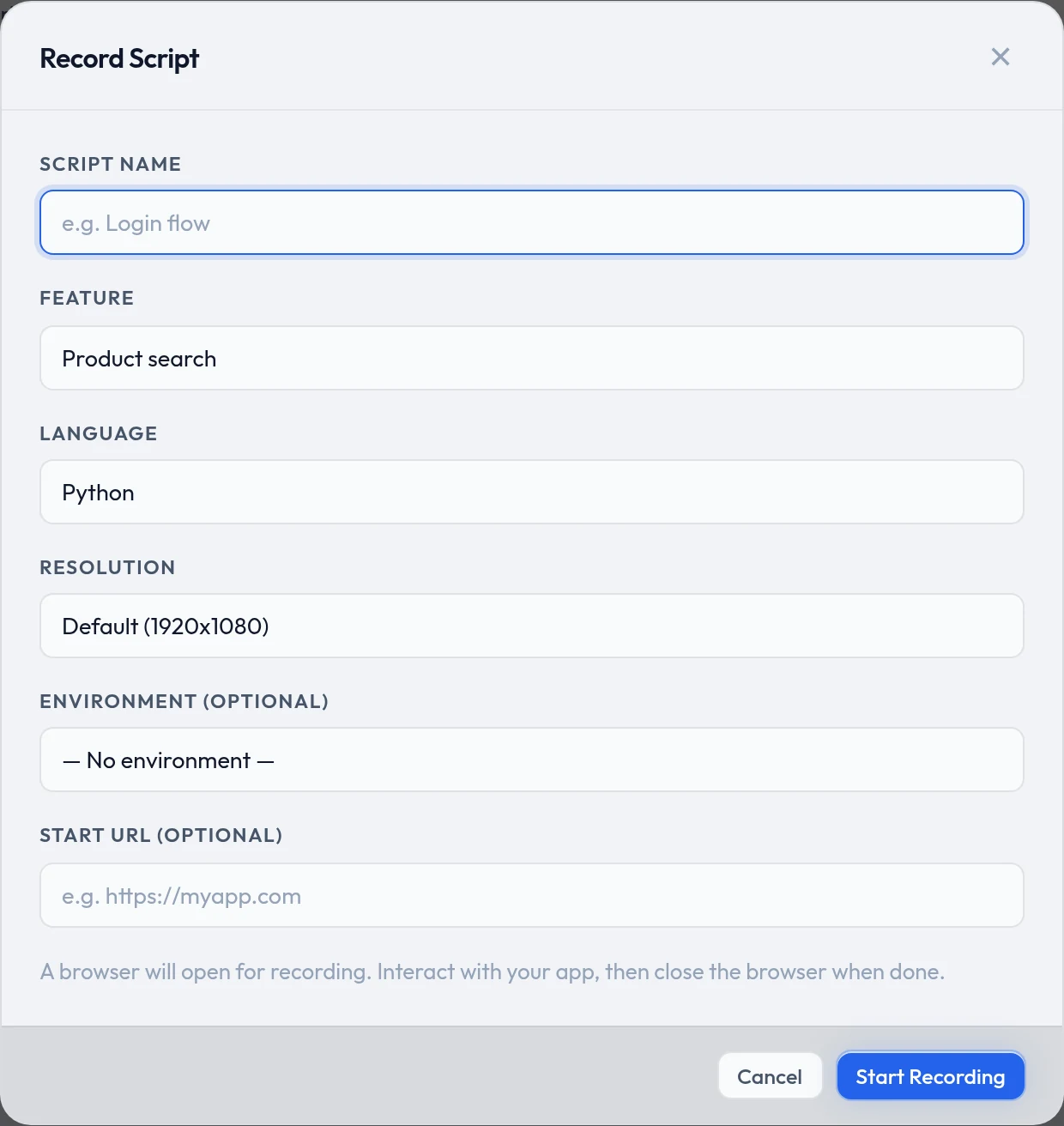 The Record Script dialog: script name, feature, language, resolution, environment, start URL, and a Start Recording button.