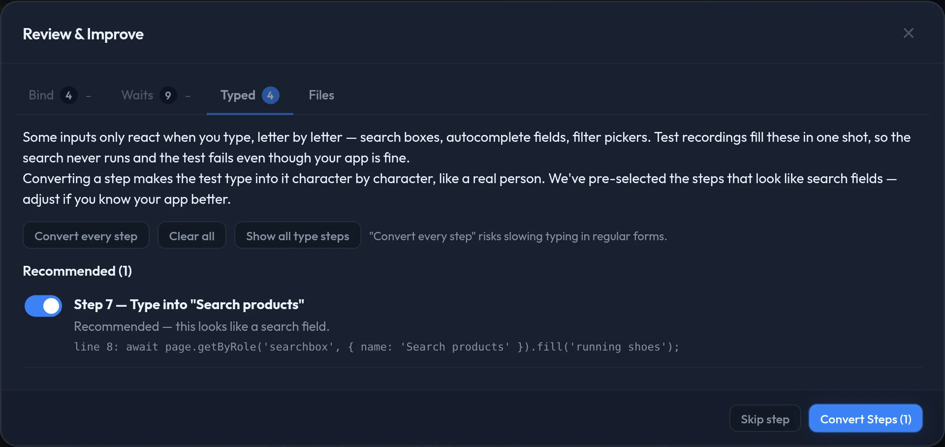 The Typed tab with one recommended step, Type into Search products, already toggled on.