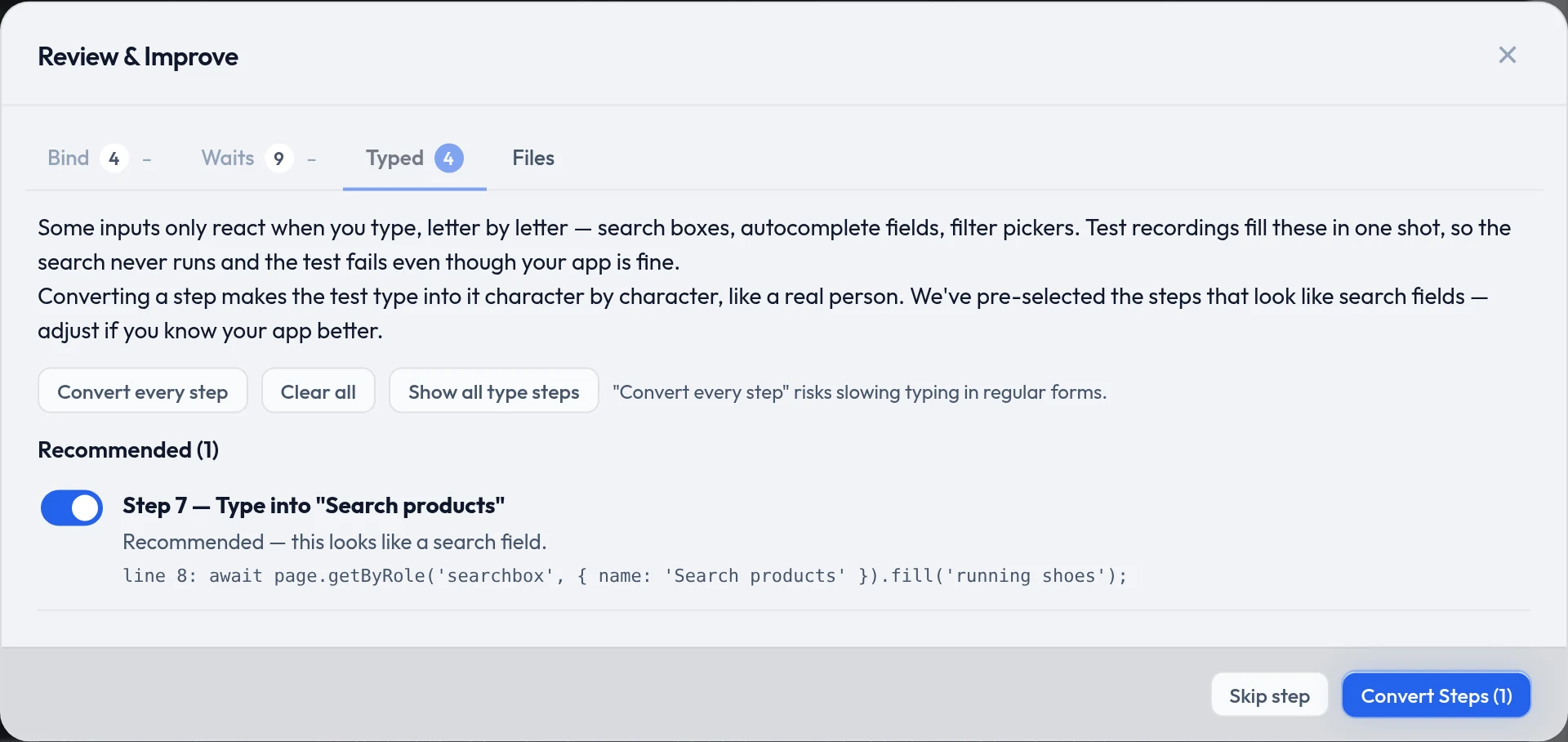 The Typed tab with one recommended step, Type into Search products, already toggled on.