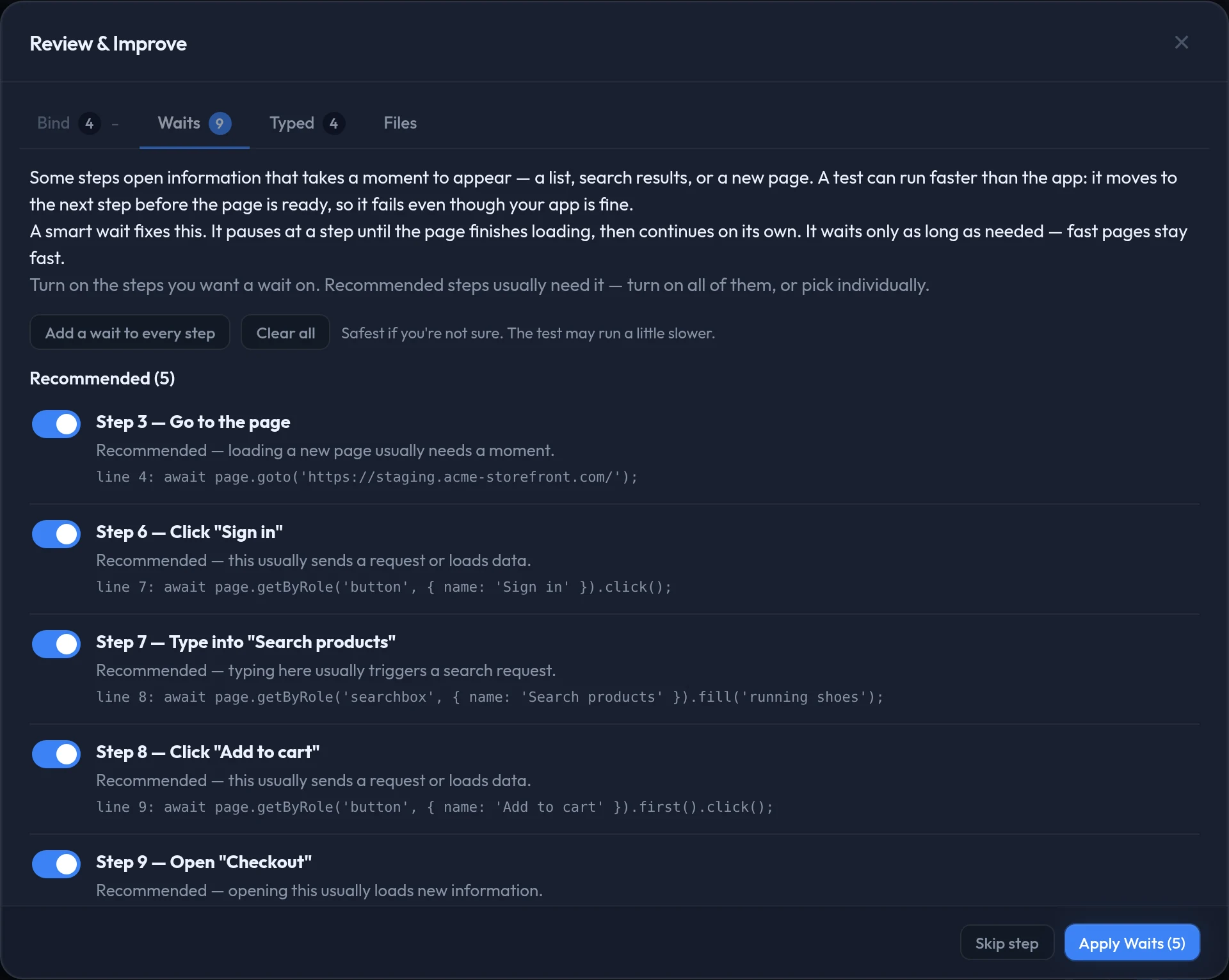 The Waits tab listing five recommended steps, each with the reason it was recommended and the line of code it refers to.
