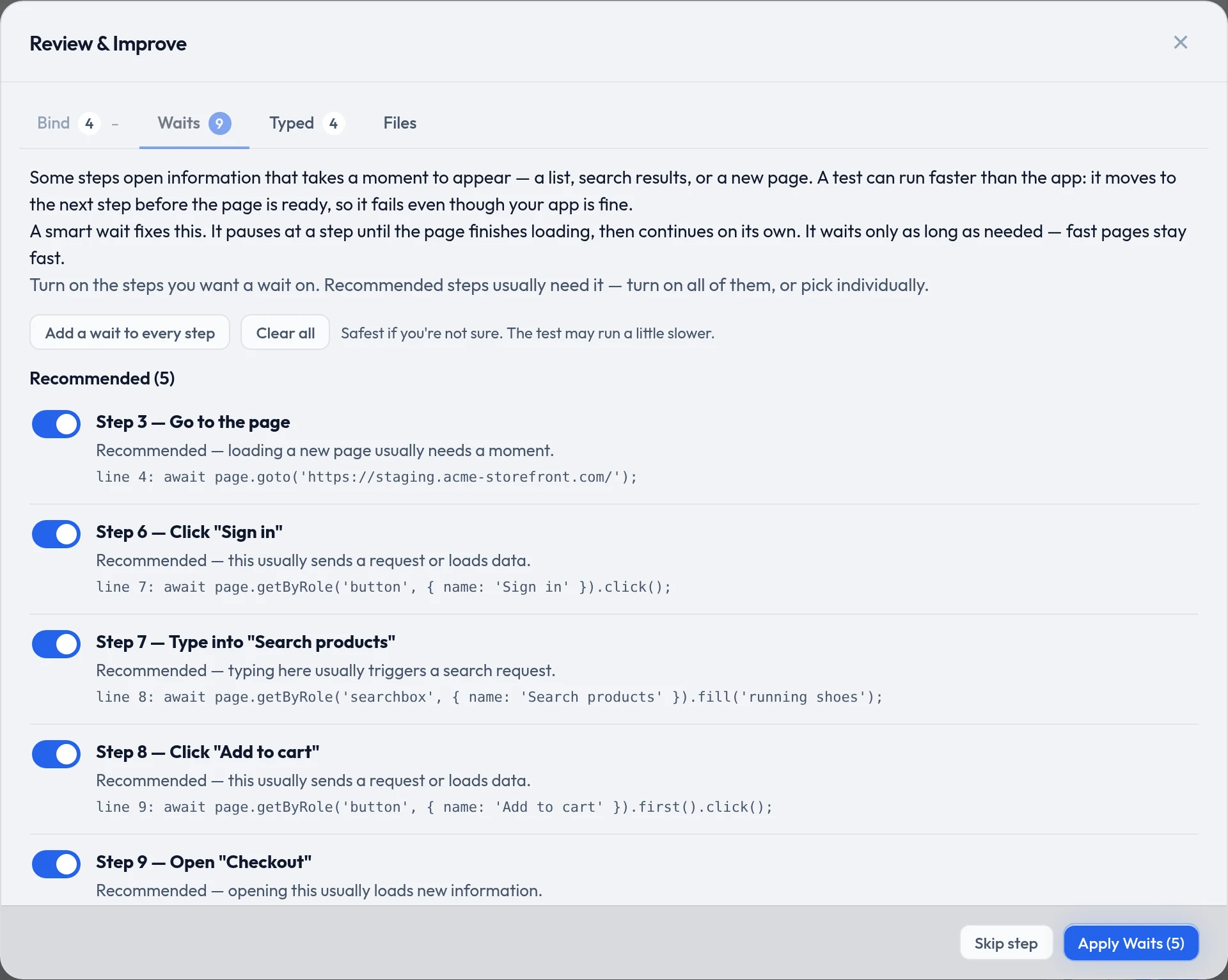 The Waits tab listing five recommended steps, each with the reason it was recommended and the line of code it refers to.