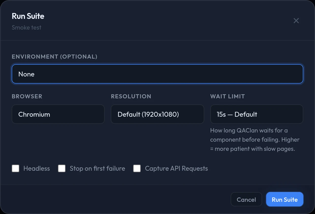 The Run Suite dialog: environment, browser, resolution and wait limit, above the headless, stop-on-failure and capture-requests checkboxes.