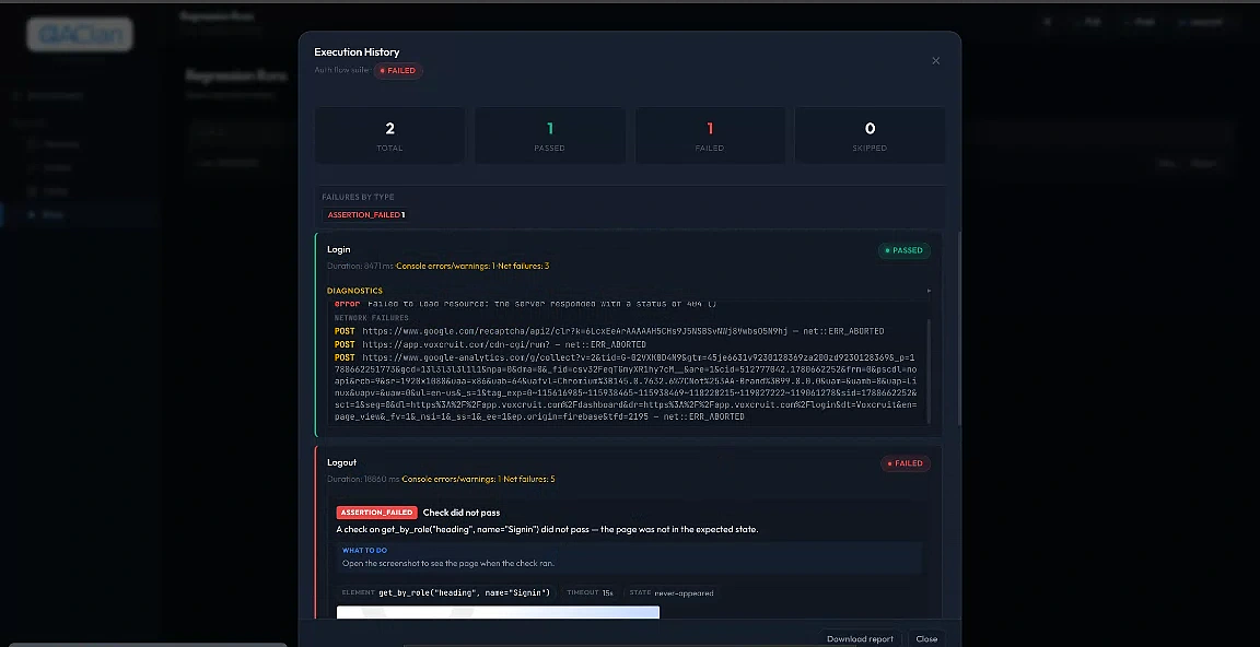 An offline HTML report, showing suite results and per-script detail in a single self-contained file.