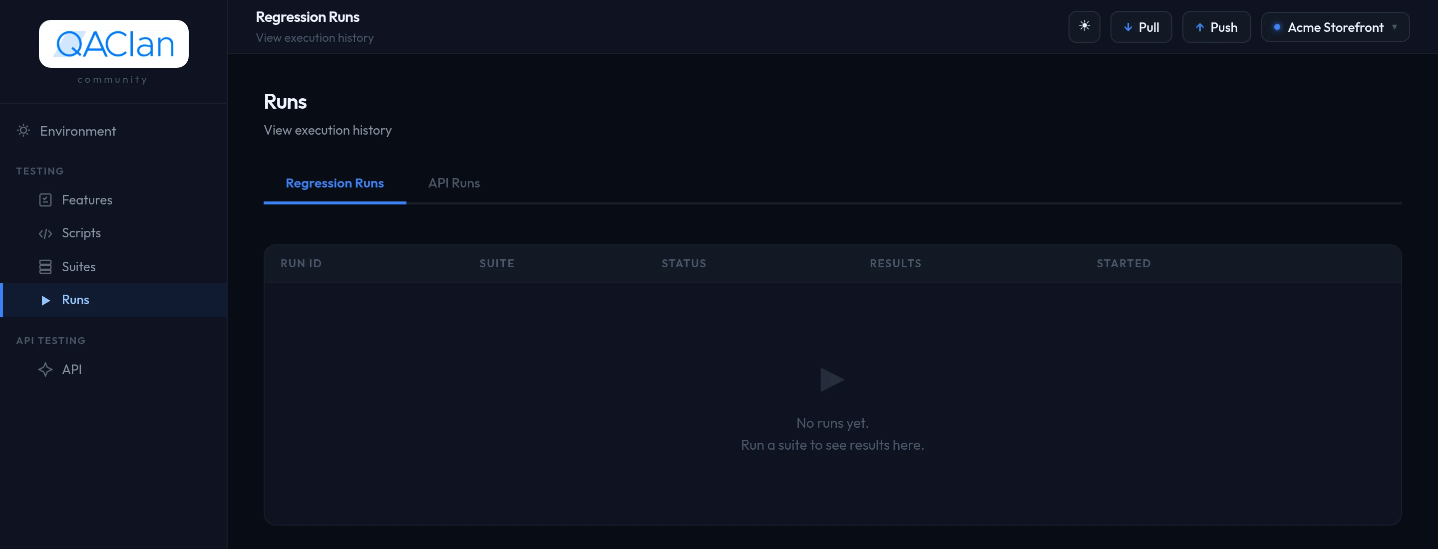 Run history listing past runs with their suite, status, counts and duration.