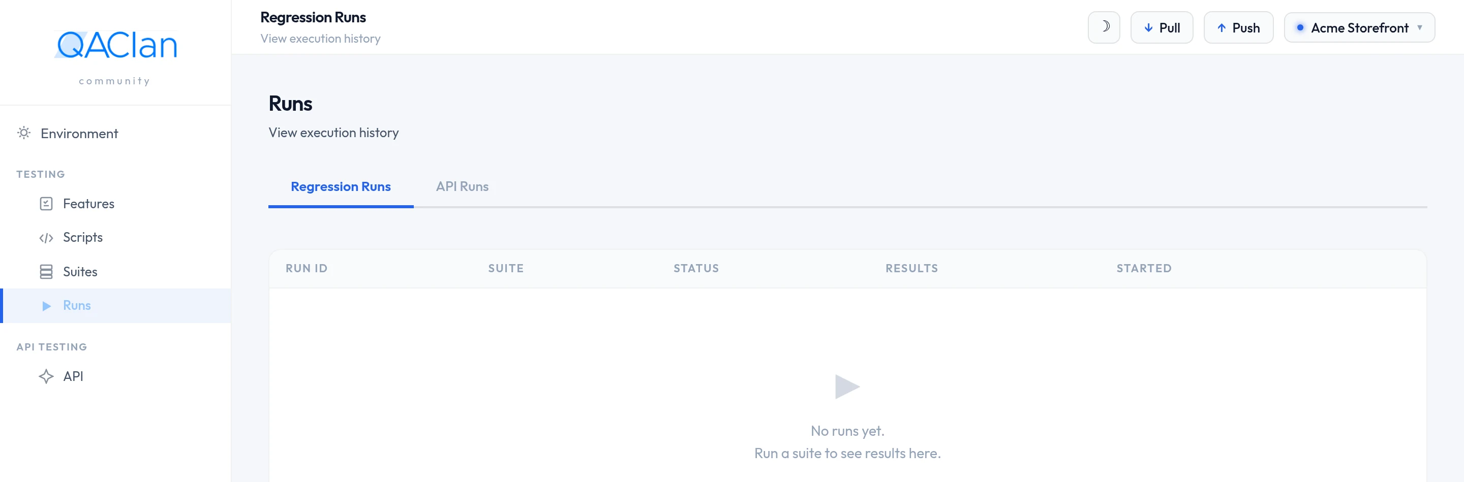 Run history listing past runs with their suite, status, counts and duration.