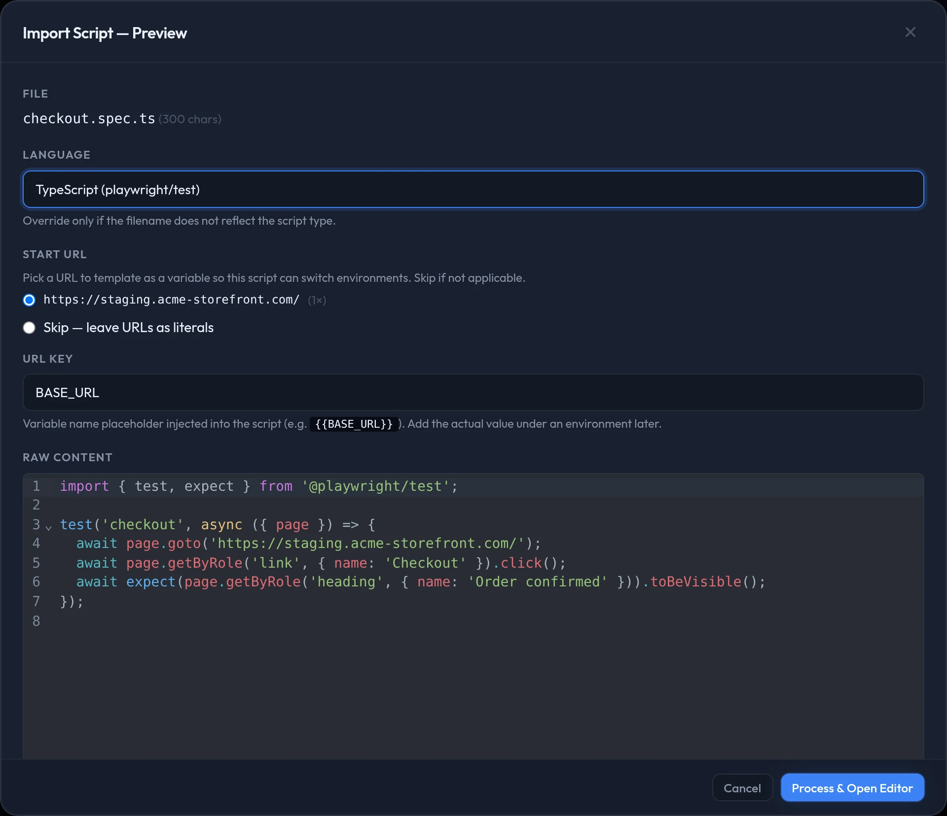 The Import Script preview: the filename, the detected language, a radio list of URLs found in the file, the URL key field, and the raw file content.