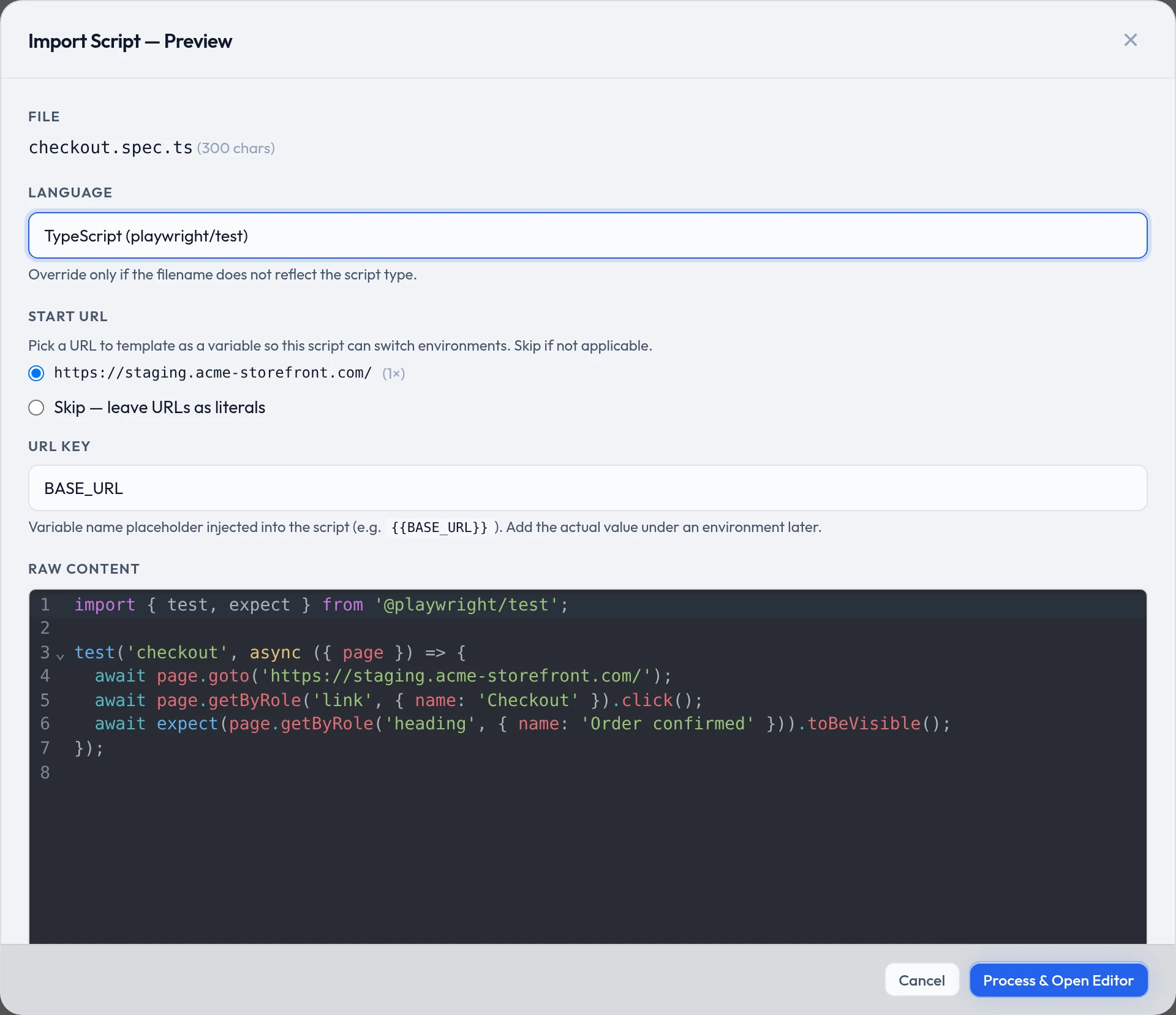 The Import Script preview: the filename, the detected language, a radio list of URLs found in the file, the URL key field, and the raw file content.