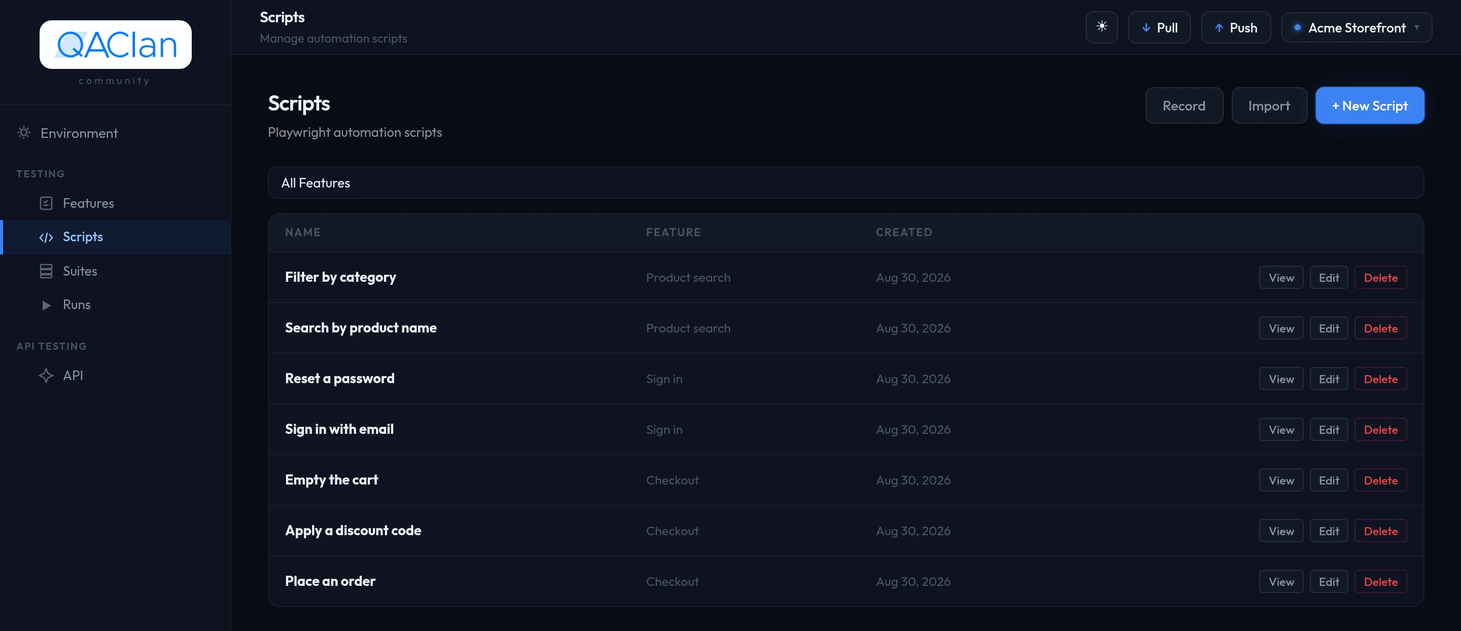 The Scripts page. Record, Import and + New Script sit above the list of recorded scripts.