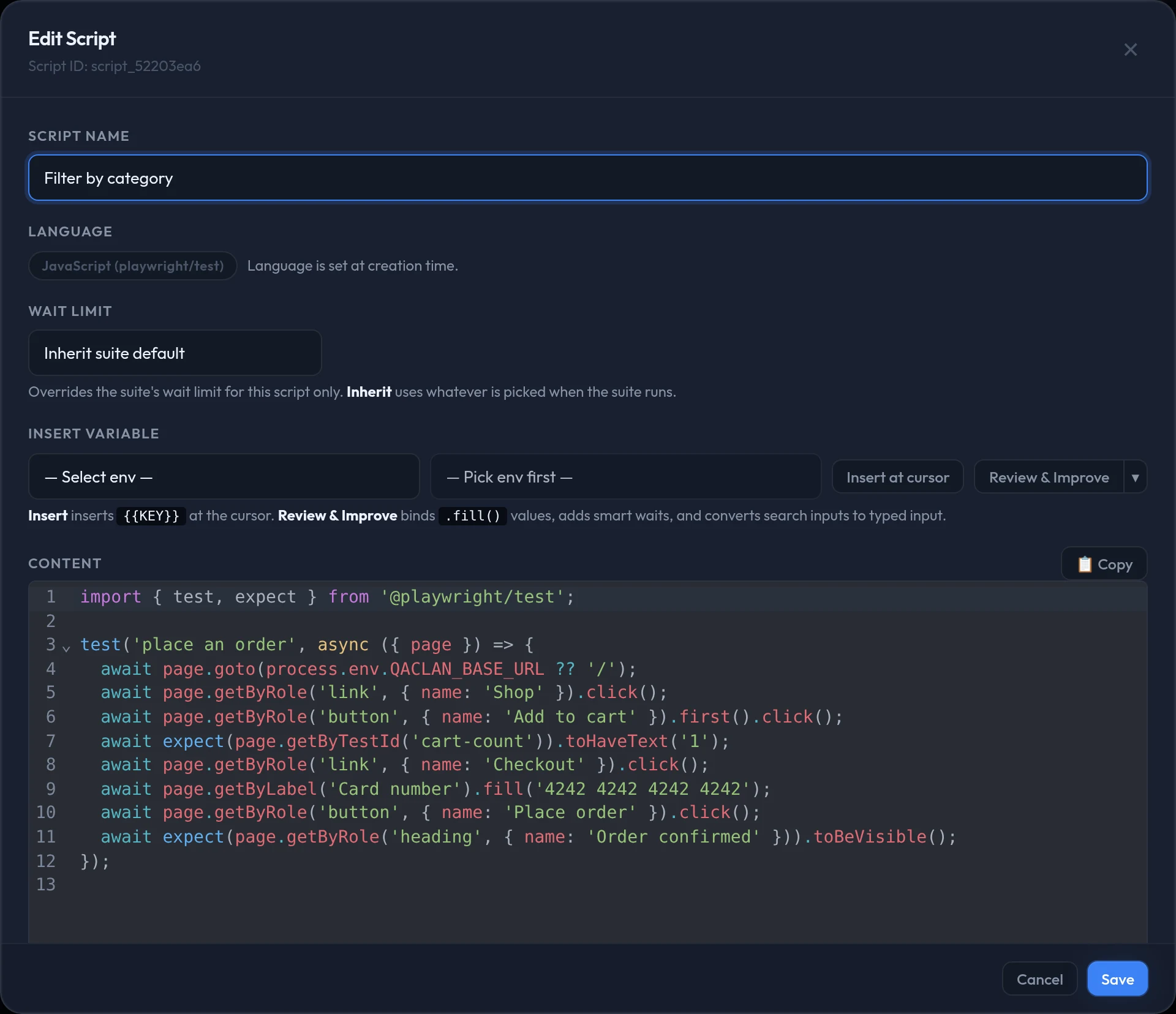 The script editor showing the recorded Playwright file alongside its name, language badge, wait limit selector, and the Insert Variable and Review & Improve controls.