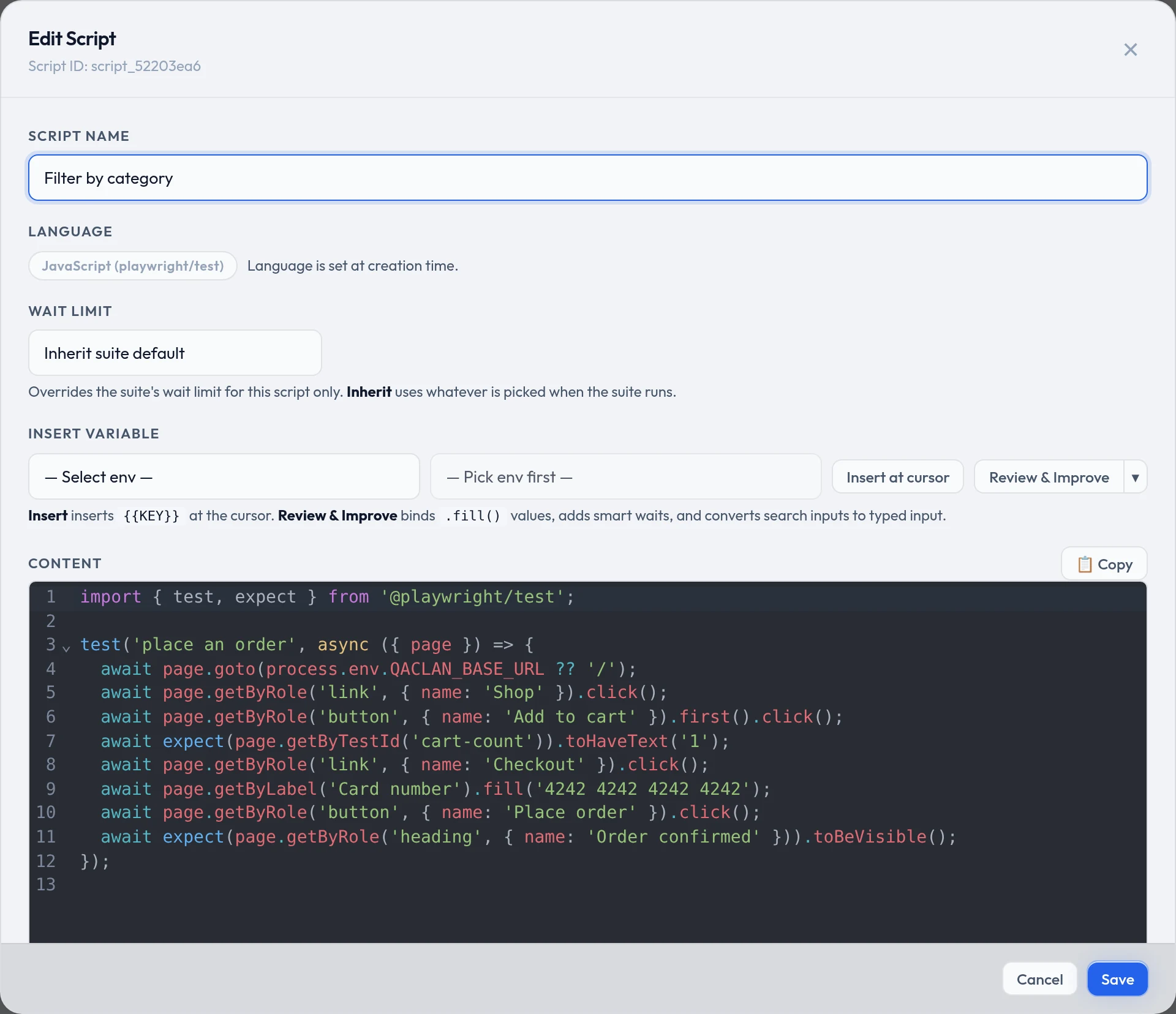 The script editor showing the recorded Playwright file alongside its name, language badge, wait limit selector, and the Insert Variable and Review & Improve controls.