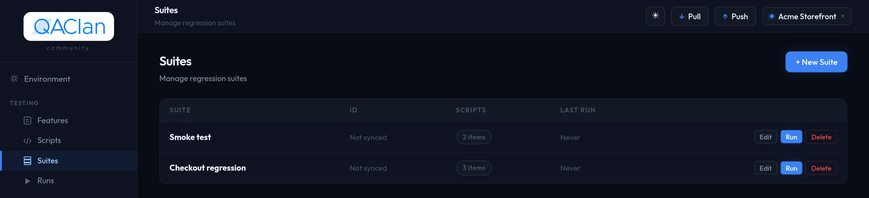 The Suites page listing each suite with its item count, last run status and Run control.