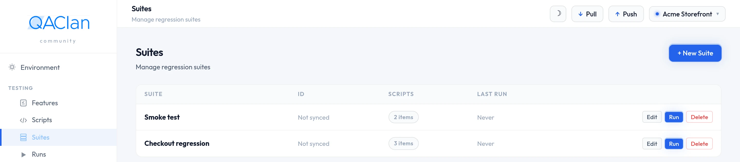 The Suites page listing each suite with its item count, last run status and Run control.