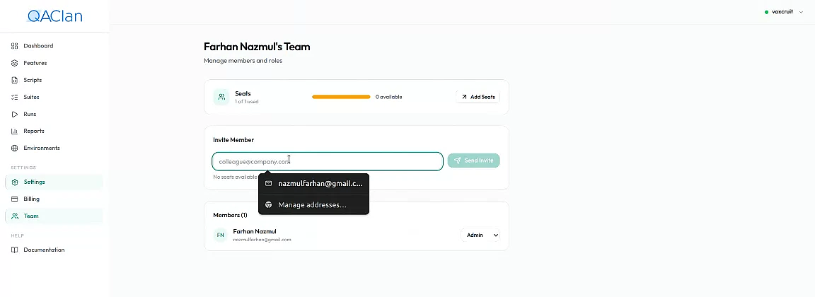 The team page, listing members with their roles alongside the invite control.