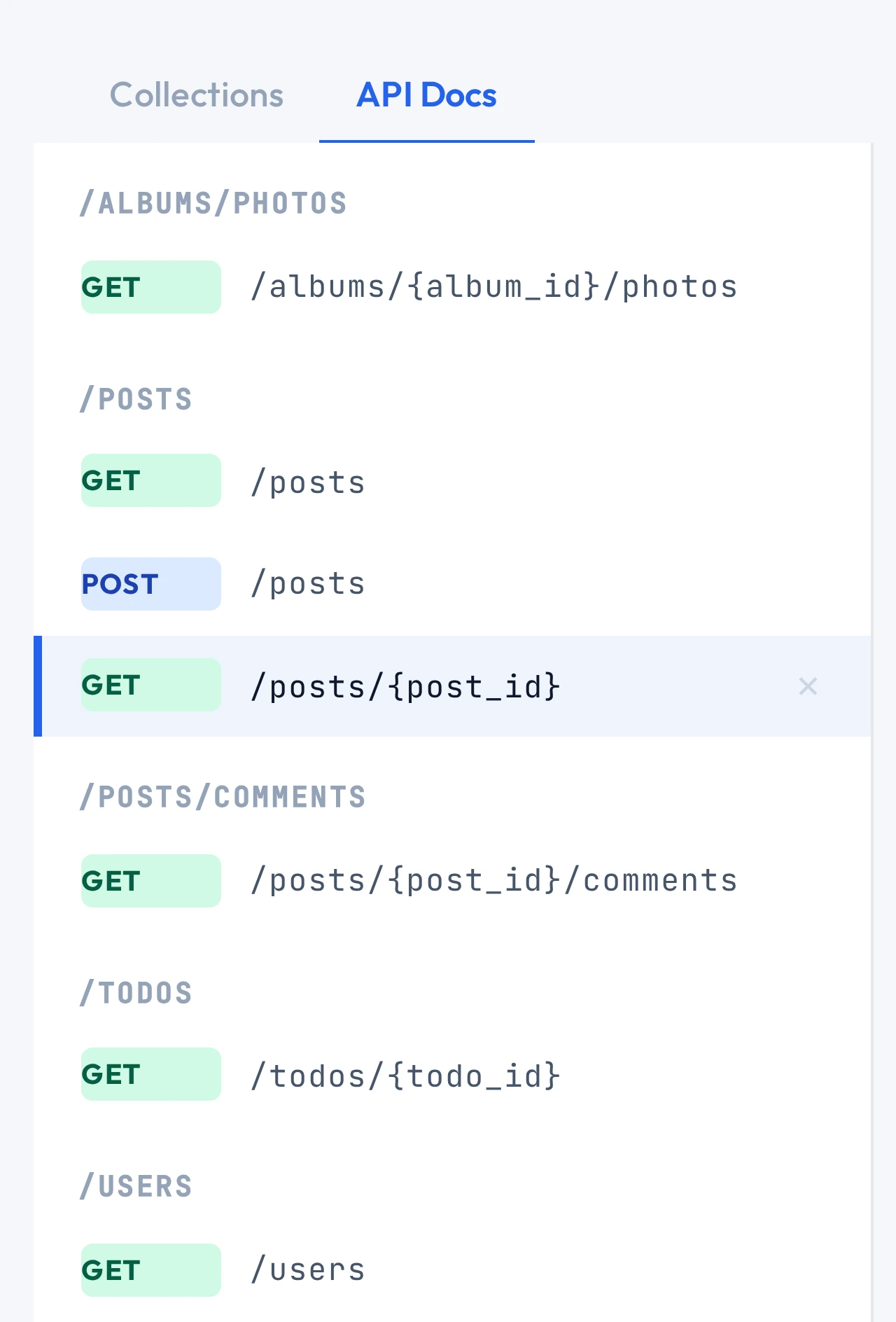 An API reference generated by the QAClan agent, its endpoints grouped by resource with path segments inferred as variables — /posts/{post_id} and /albums/{album_id}/photos among them