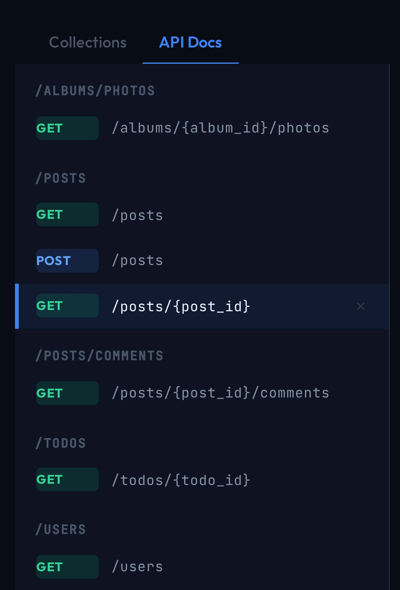 An API reference generated by the QAClan agent, its endpoints grouped by resource with path segments inferred as variables — /posts/{post_id} and /albums/{album_id}/photos among them