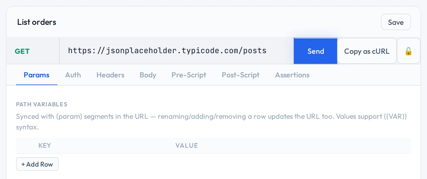 A captured request named List orders open in the QAClan agent, showing its method, URL and the Params, Auth, Headers, Body, Pre-Script, Post-Script and Assertions tabs