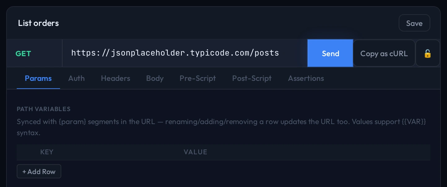 A captured request named List orders open in the QAClan agent, showing its method, URL and the Params, Auth, Headers, Body, Pre-Script, Post-Script and Assertions tabs